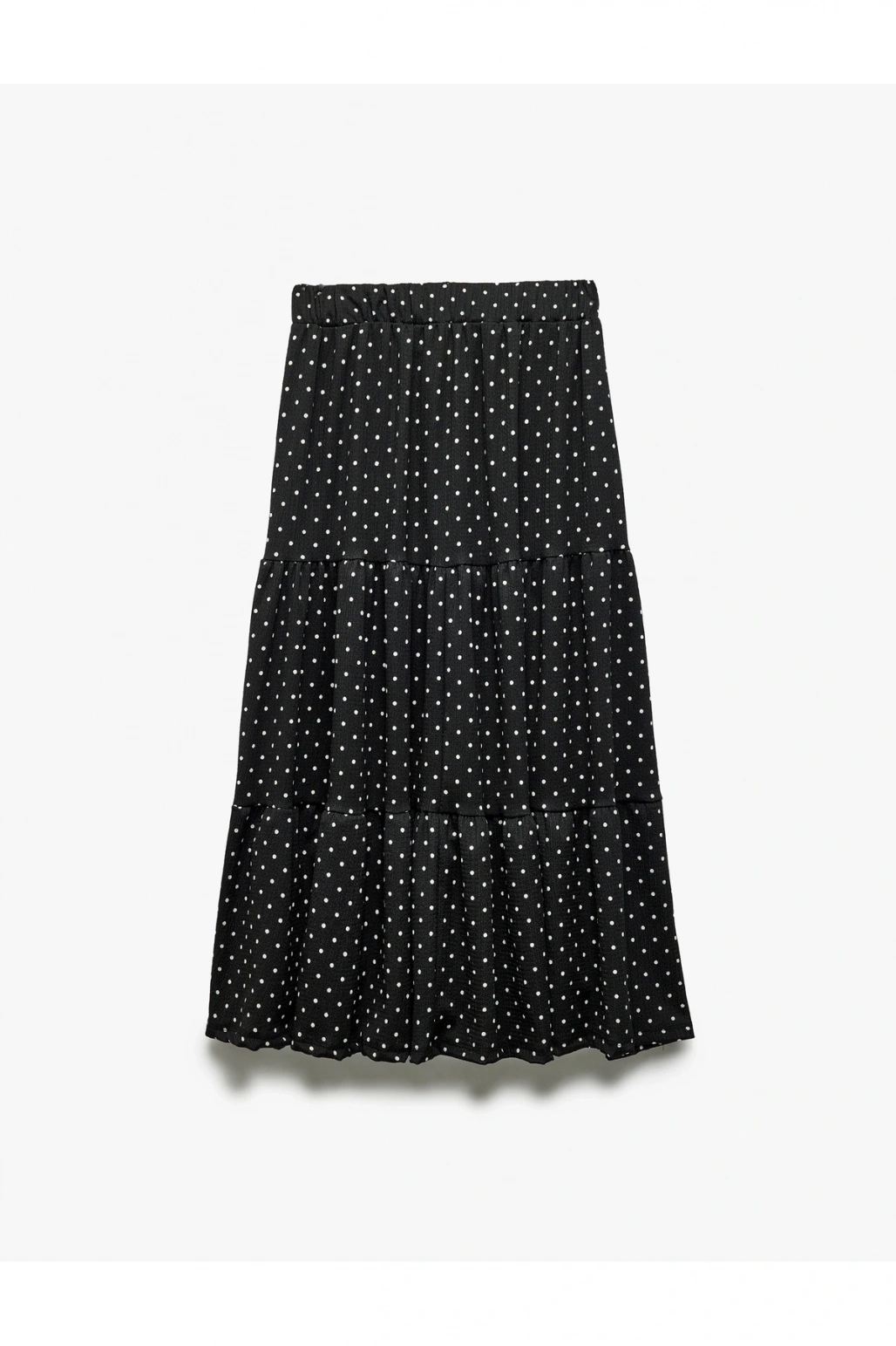 Yüksek Bel Volanlı Katlı Puantiyeli Midi Etek Bürümcük