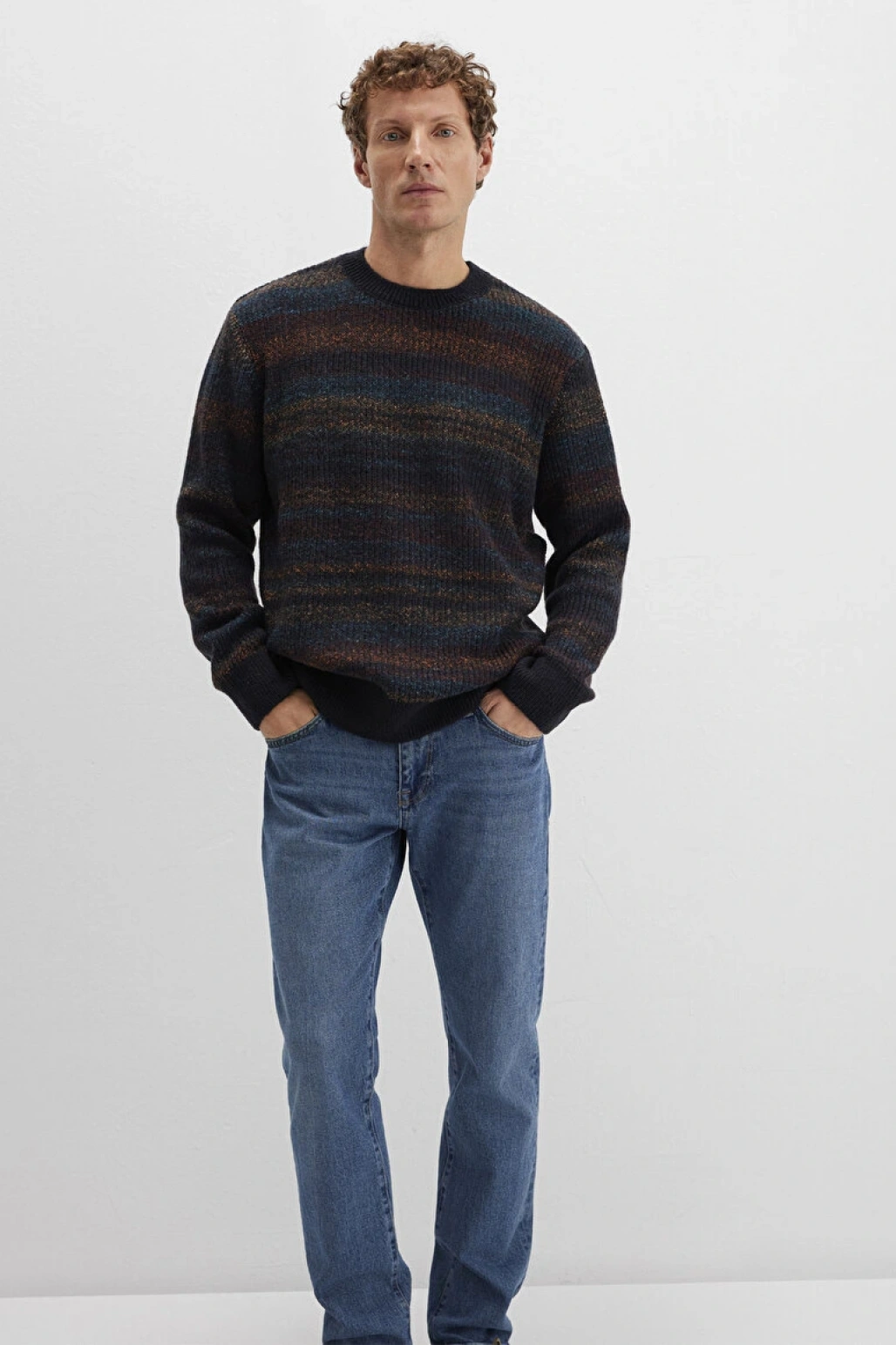 Yün Karışımlı Çizgili Lacivert Kazak