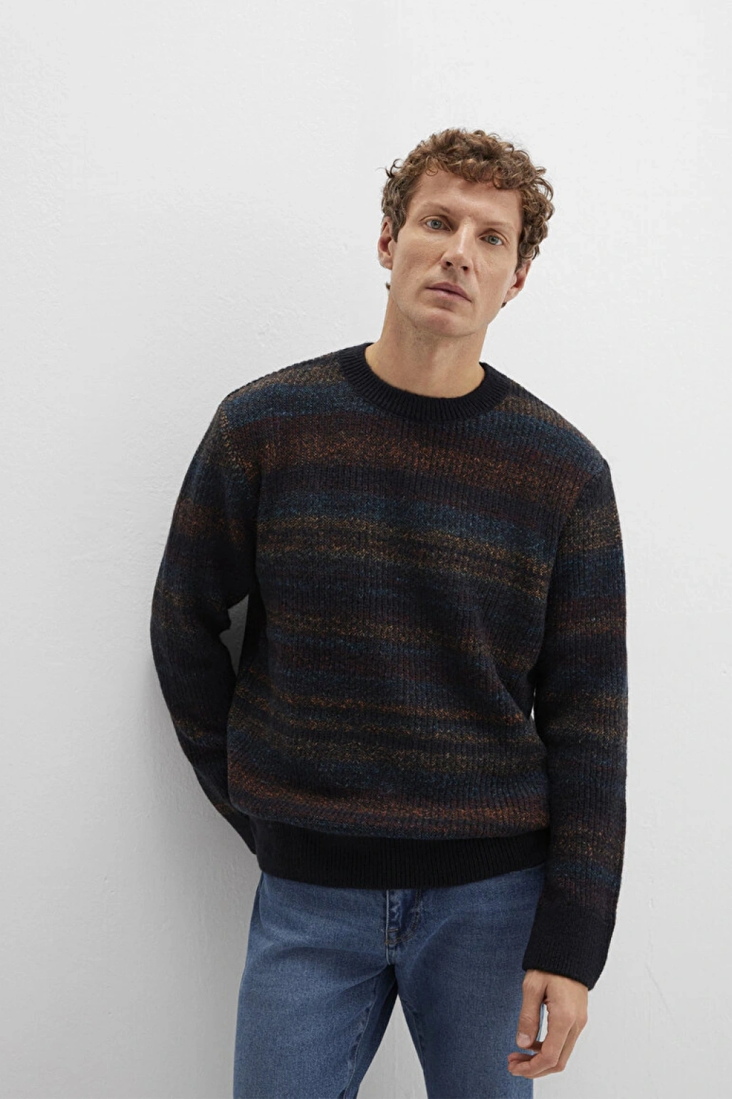 Yün Karışımlı Çizgili Lacivert Kazak