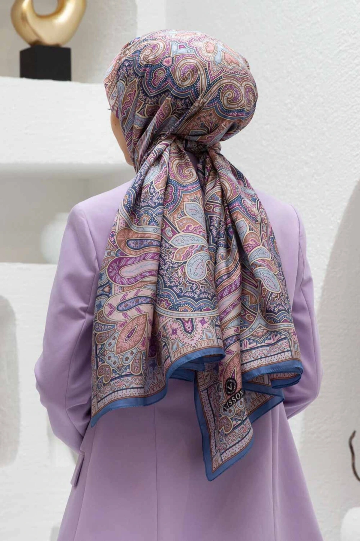 100% İpek Etro Desenli Saks - Pembe Renkli 92x210 Şal
