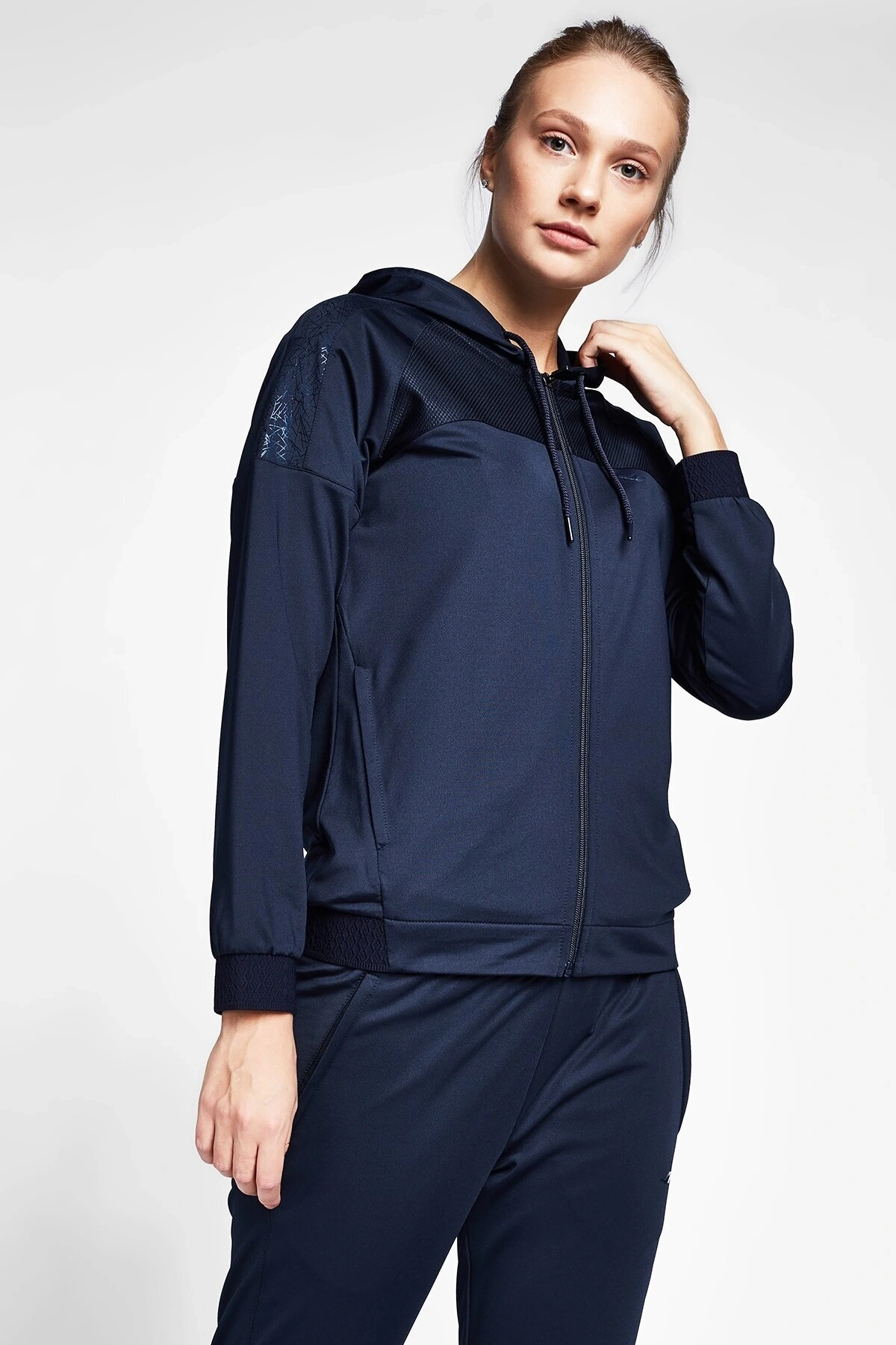 Koyu Lacivert Kadın Fermuarlı Kapüşonlu Sweatshirt 20b-2015