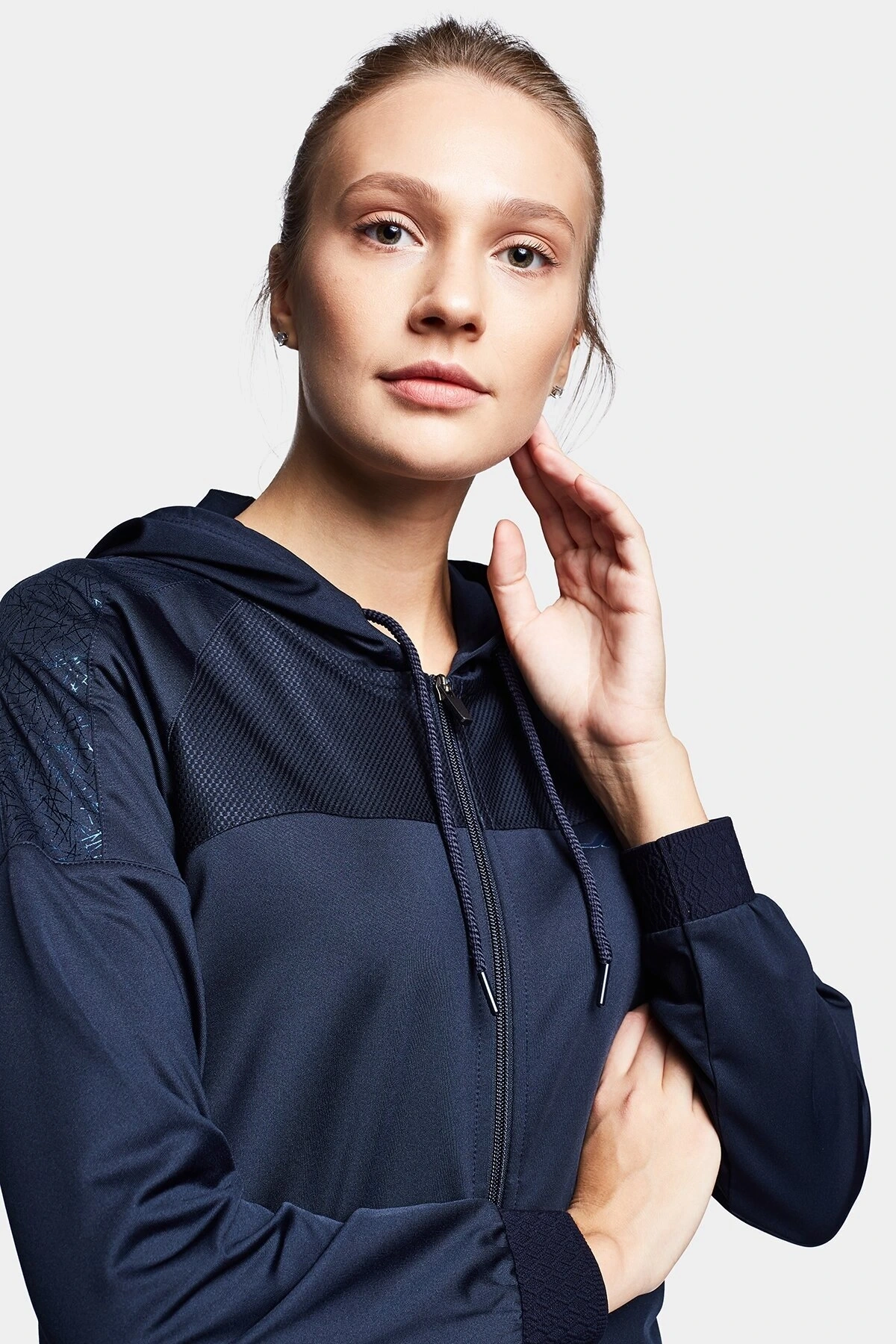Koyu Lacivert Kadın Fermuarlı Kapüşonlu Sweatshirt 20b-2015