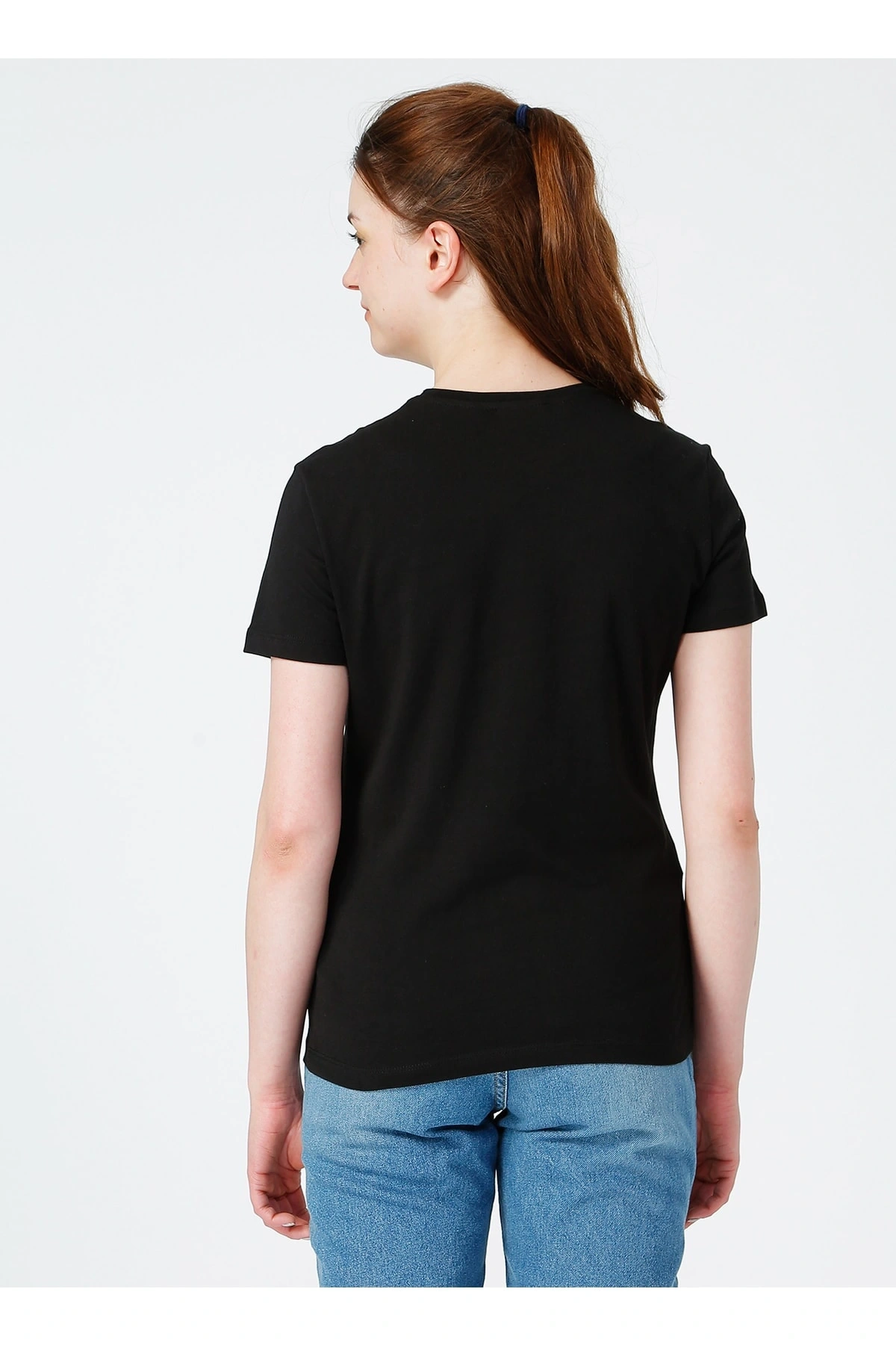 Pamuk Bisiklet Yaka Kısa Kollu Standart Fit Baskılı Siyah Kadınt-shirt