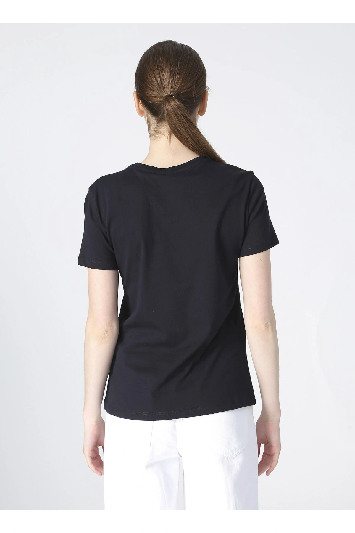 Kadın Baskılı Lacivert Bisiklet Yaka T-shirt