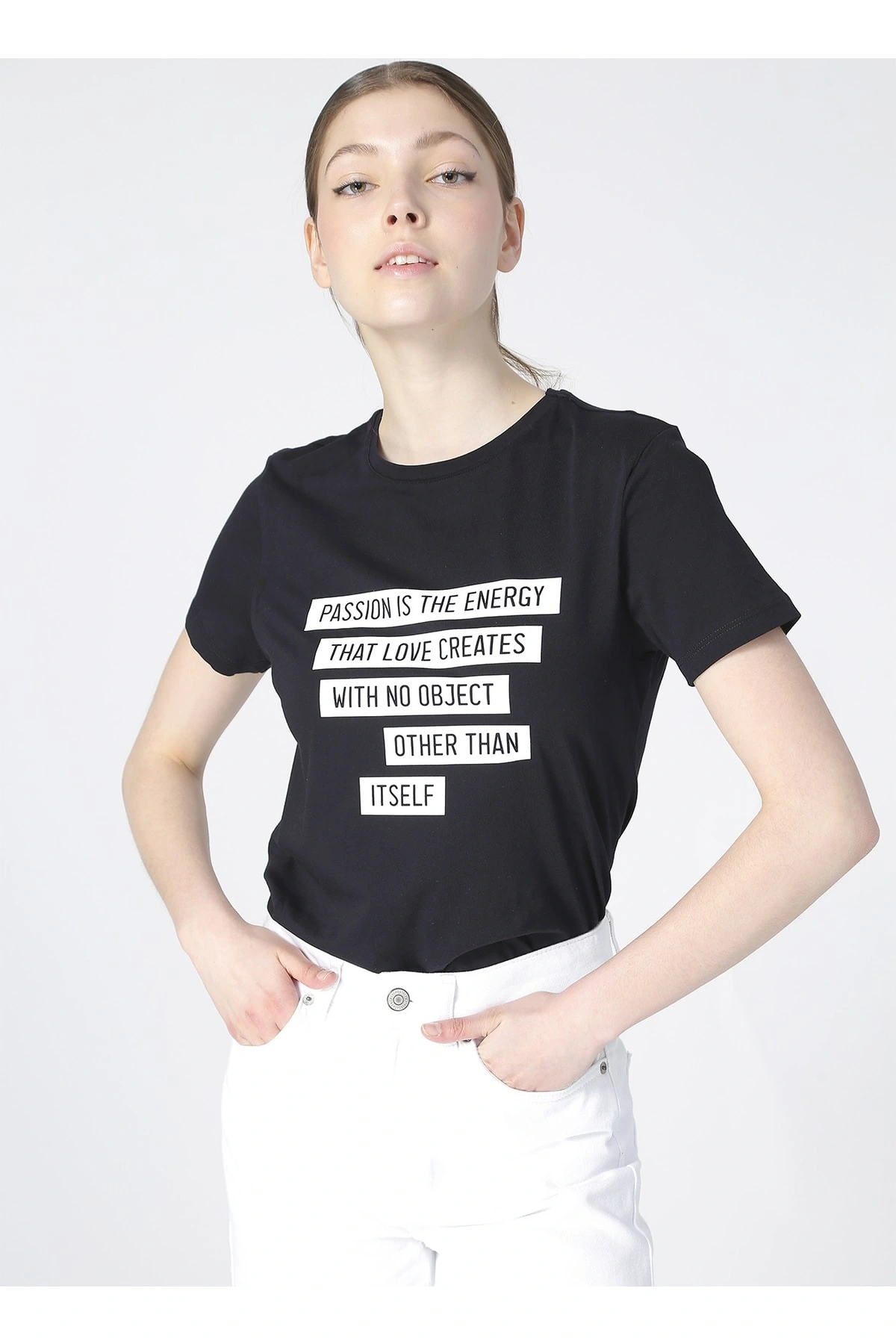 Kadın Baskılı Lacivert Bisiklet Yaka T-shirt