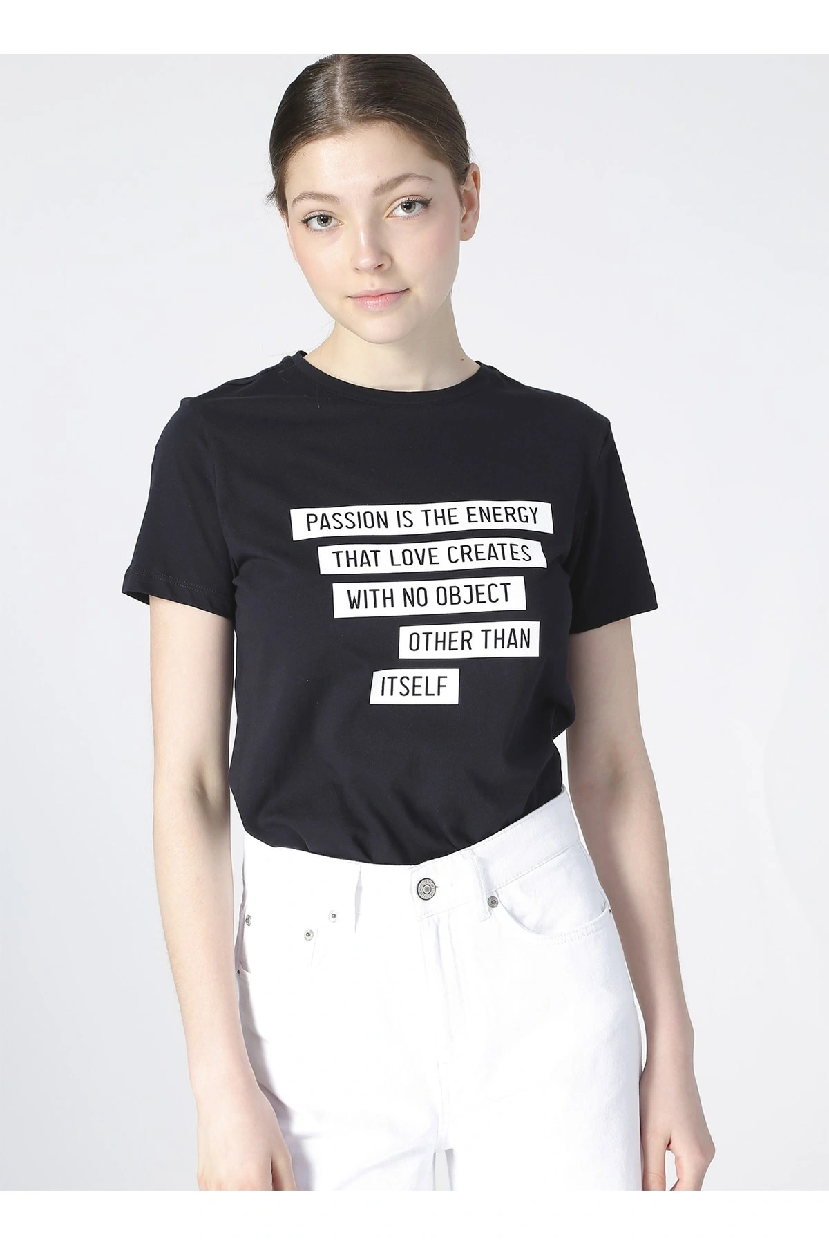 Kadın Baskılı Lacivert Bisiklet Yaka T-shirt