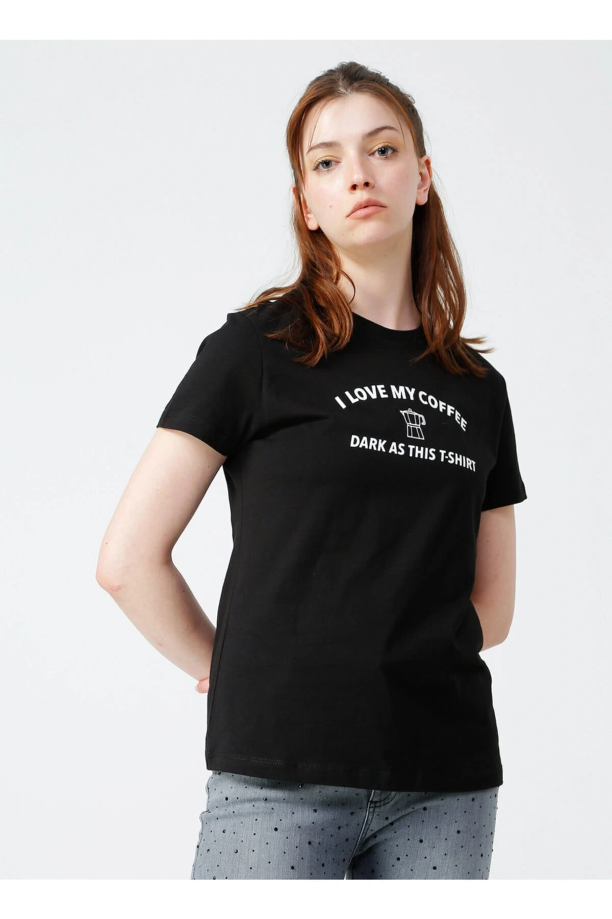 Siyah Bisiklet Yaka Baskılı T-shirt