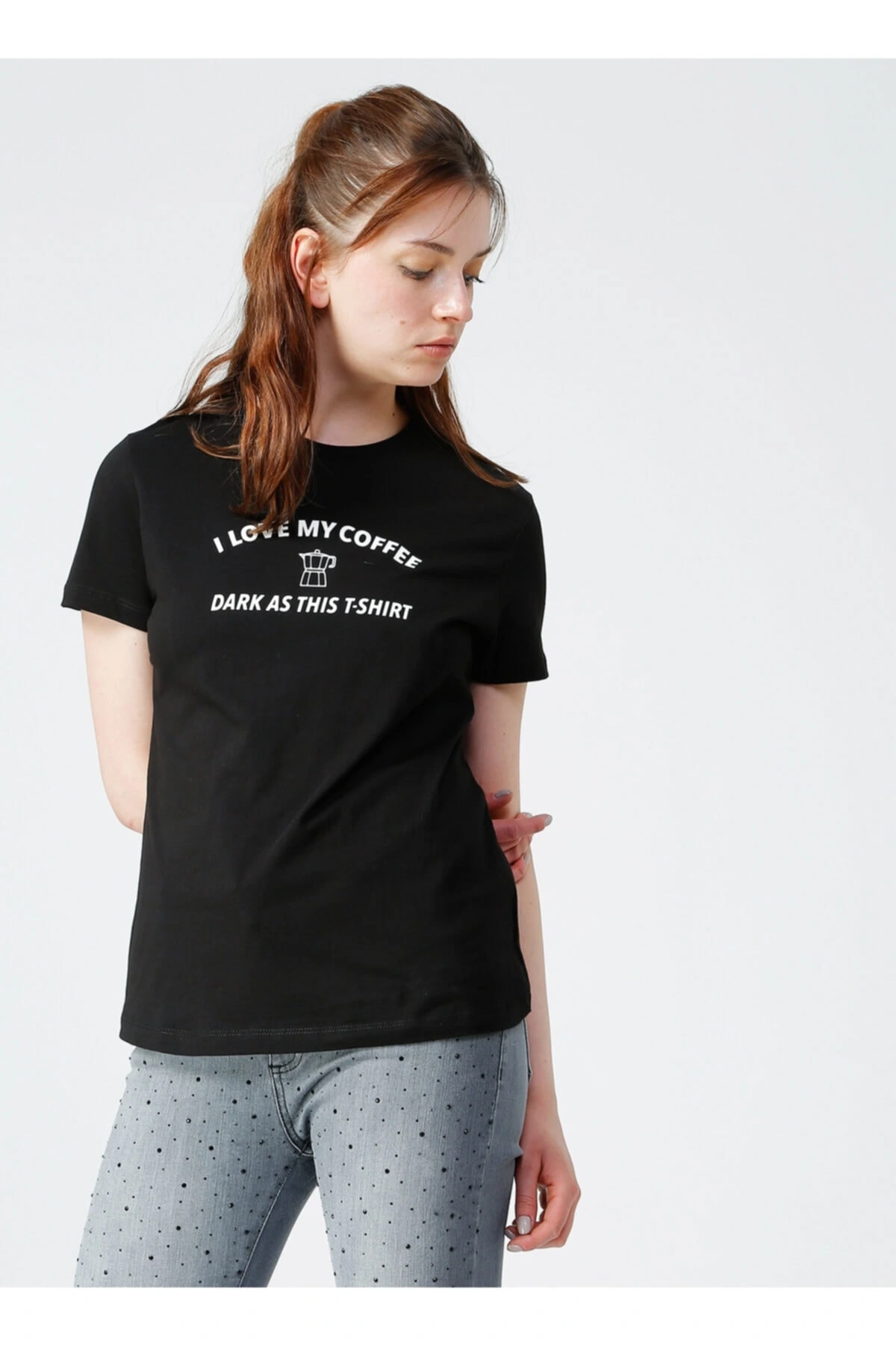 Siyah Bisiklet Yaka Baskılı T-shirt