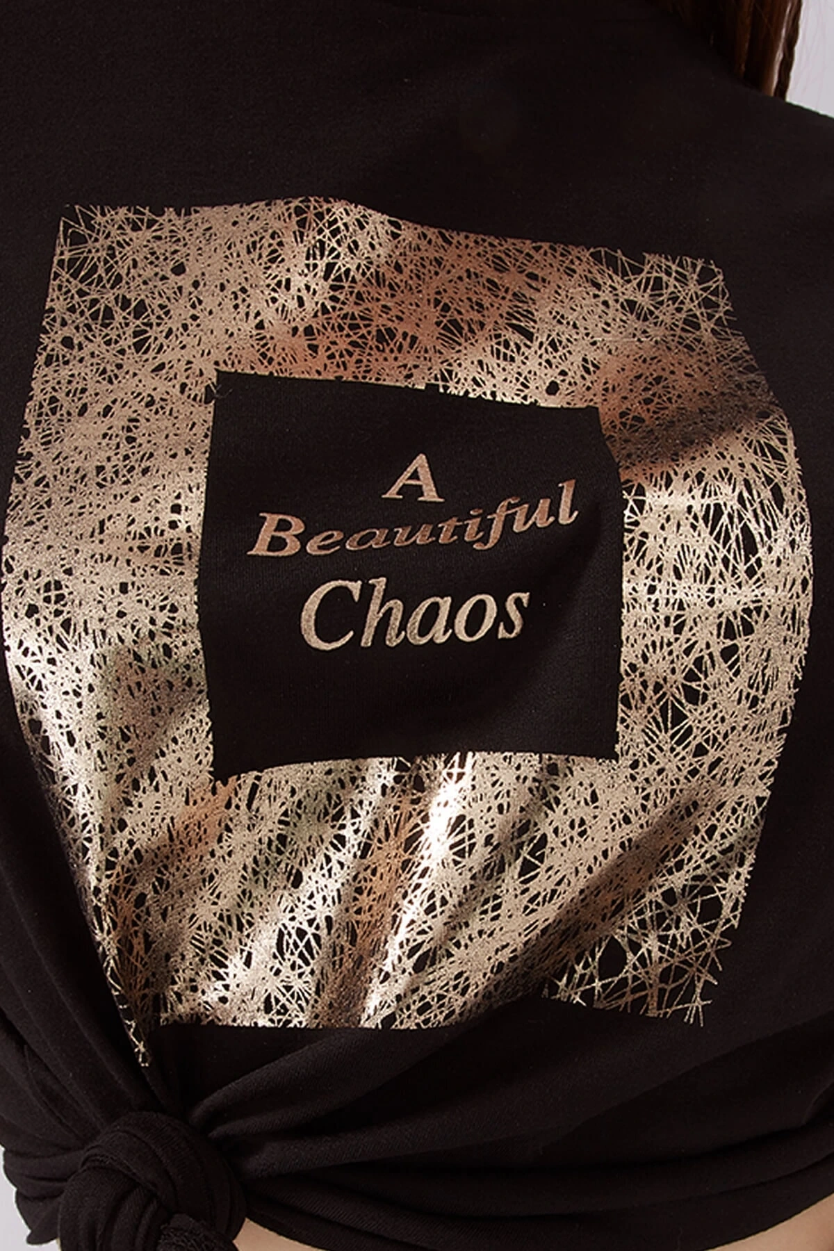 Bisiklet Yaka Kısa Kol Cepsiz Baskılı Siyah Kadın T-shirt