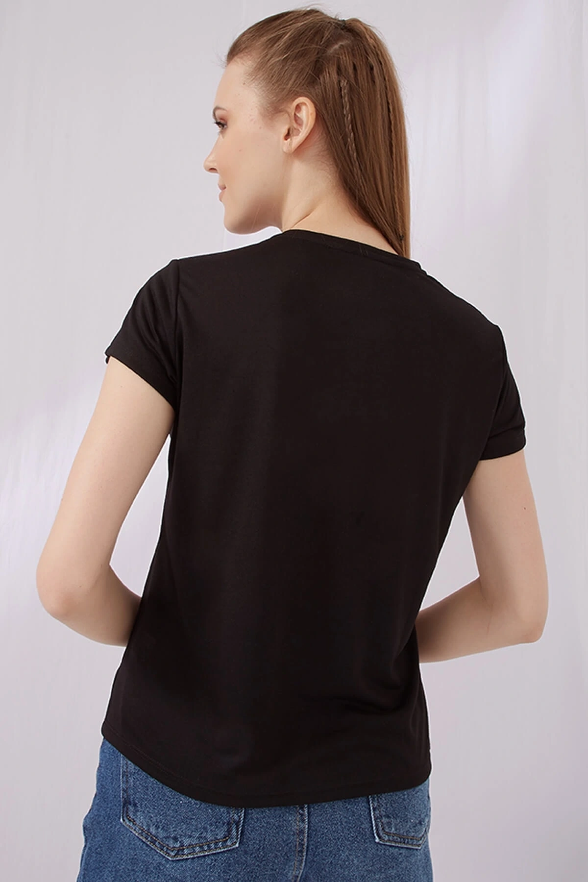 Bisiklet Yaka Kısa Kol Cepsiz Baskılı Siyah Kadın T-shirt