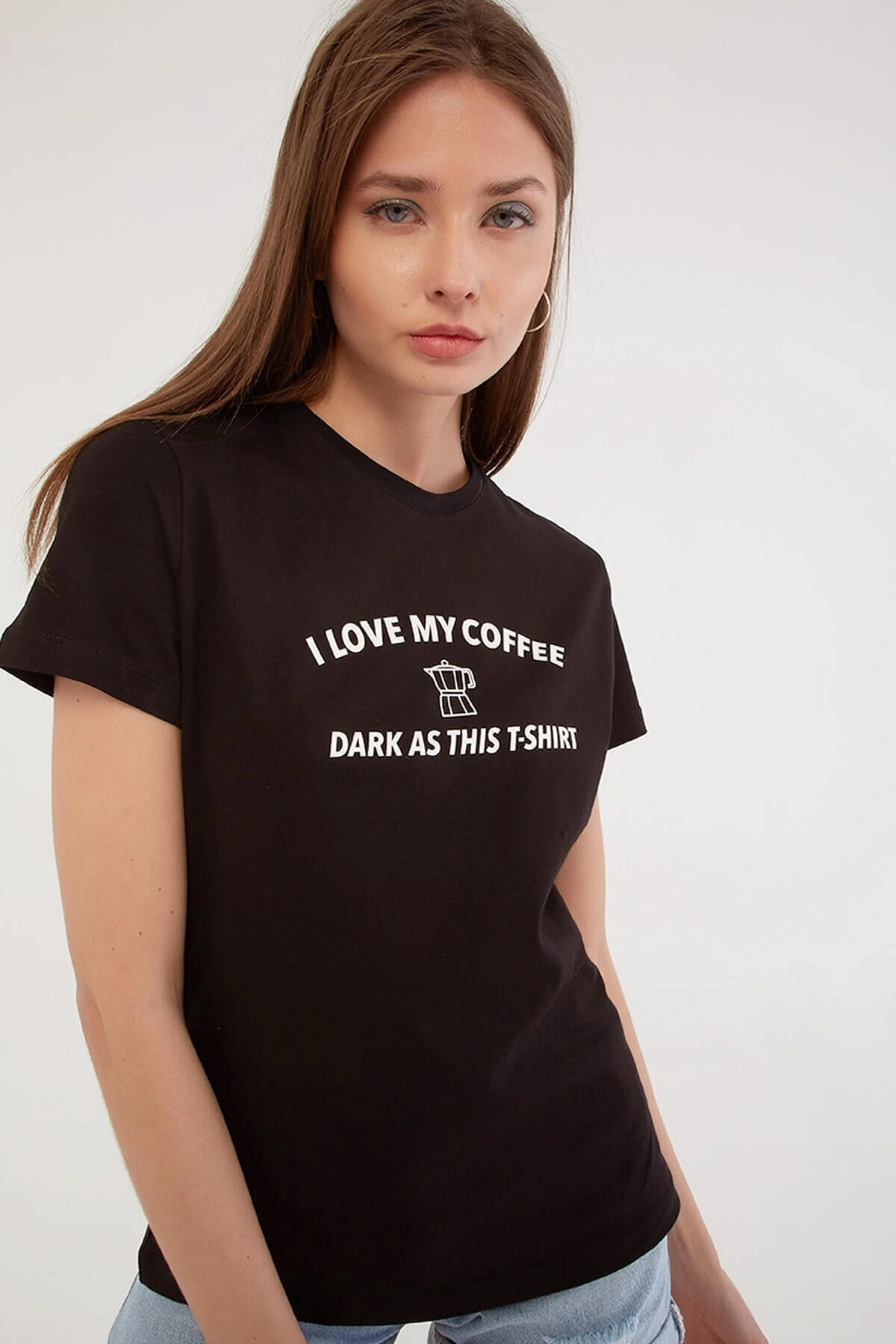 Siyah Bisiklet Yaka Baskılı T-shirt