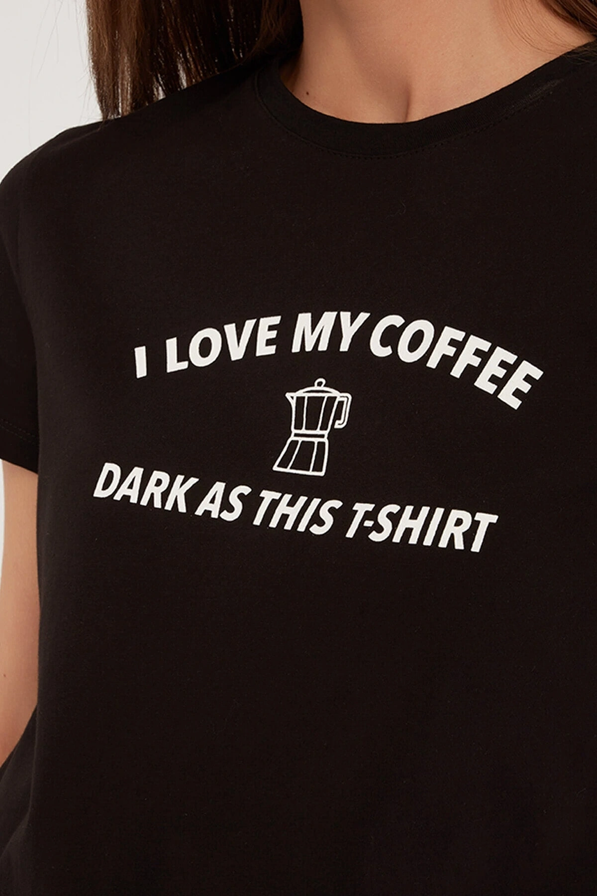 Siyah Bisiklet Yaka Baskılı T-shirt