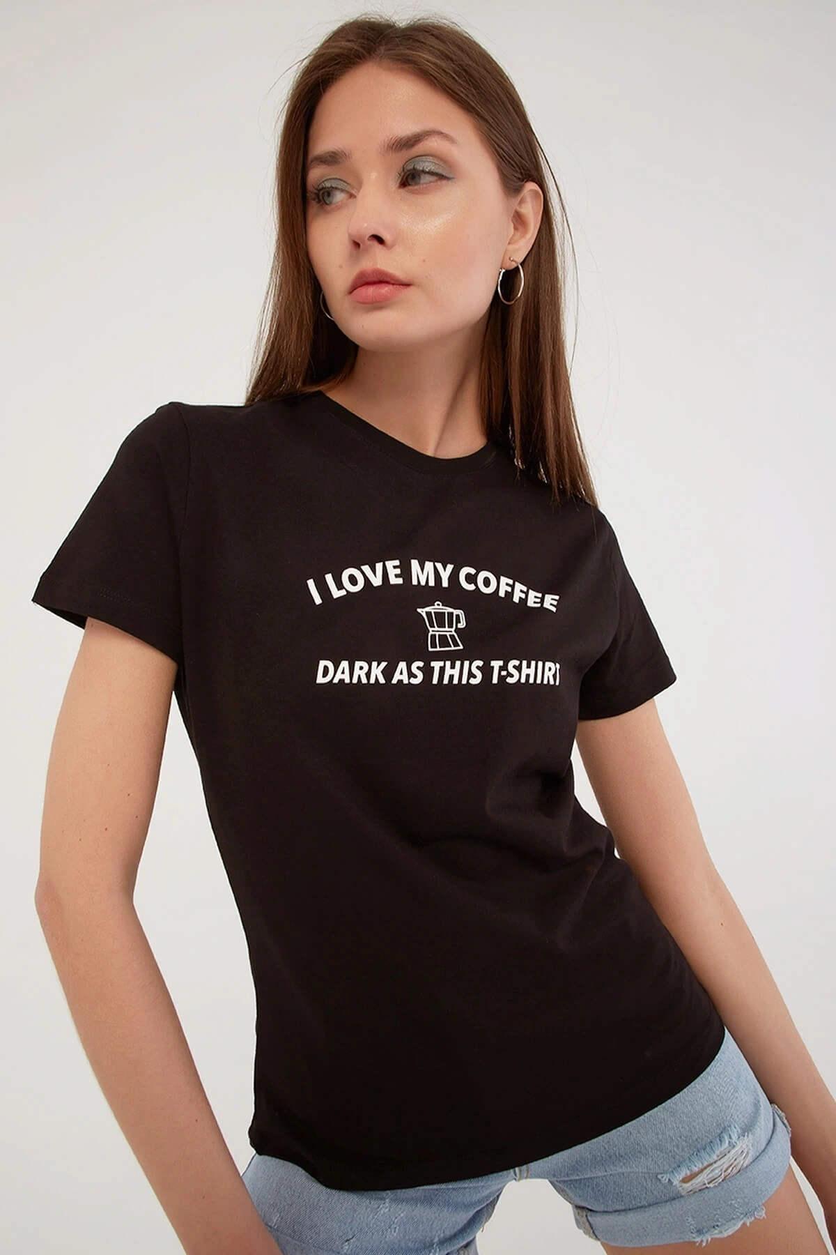 Siyah Bisiklet Yaka Baskılı T-shirt