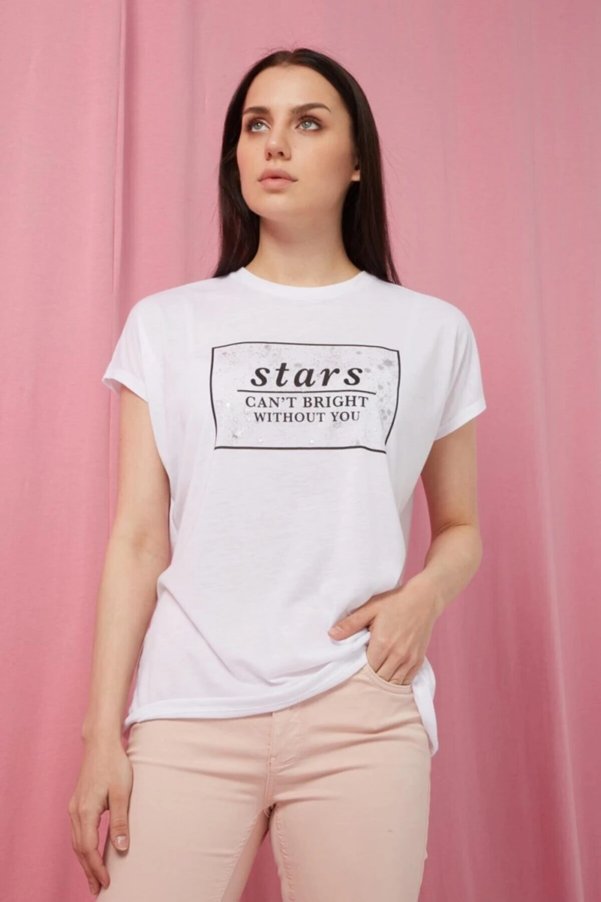 Bisiklet Yaka Kısa Kollu Baskılı Normal Kalıp Beyaz Kadın T-shirt