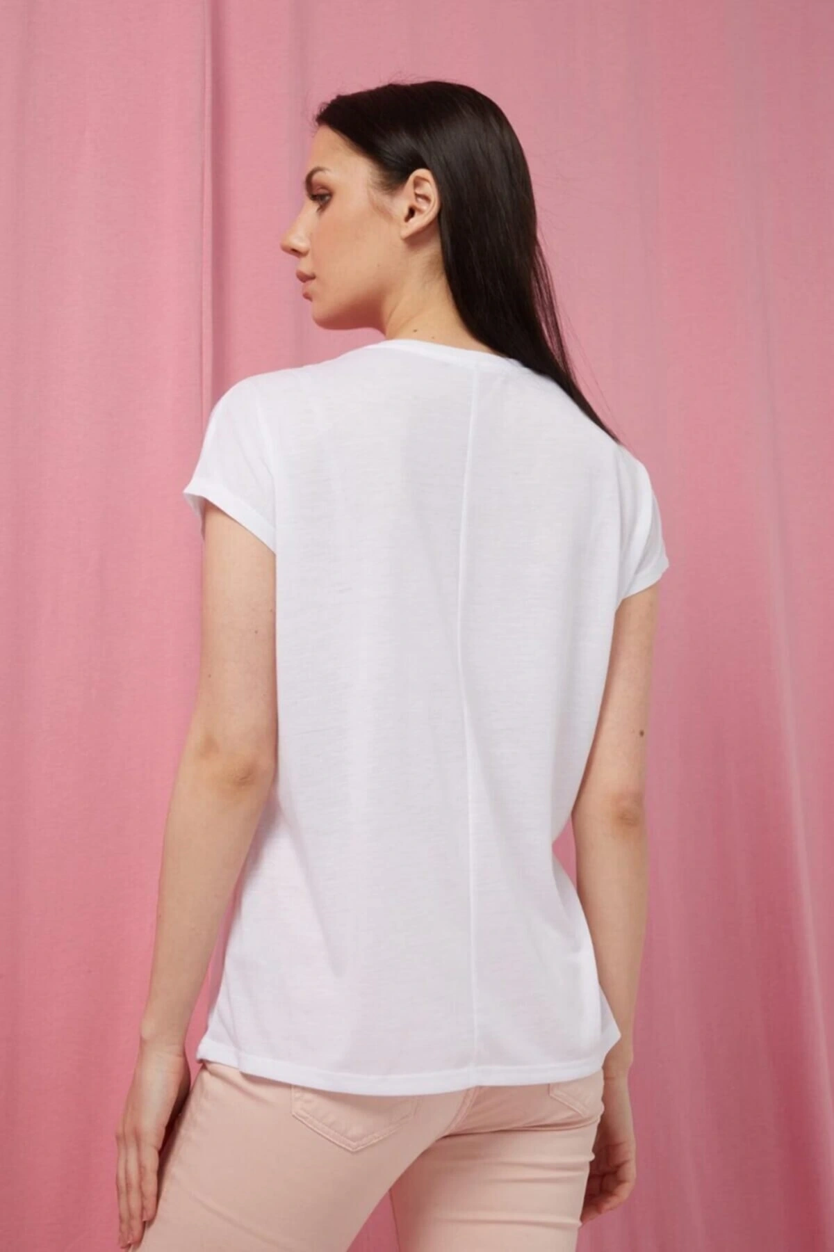 Bisiklet Yaka Kısa Kollu Baskılı Normal Kalıp Beyaz Kadın T-shirt