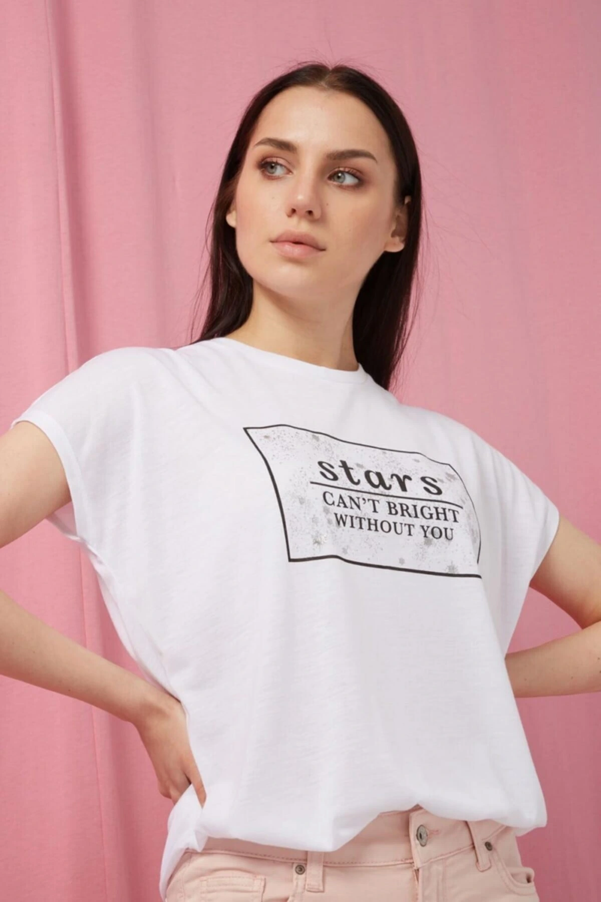 Bisiklet Yaka Kısa Kollu Baskılı Normal Kalıp Beyaz Kadın T-shirt