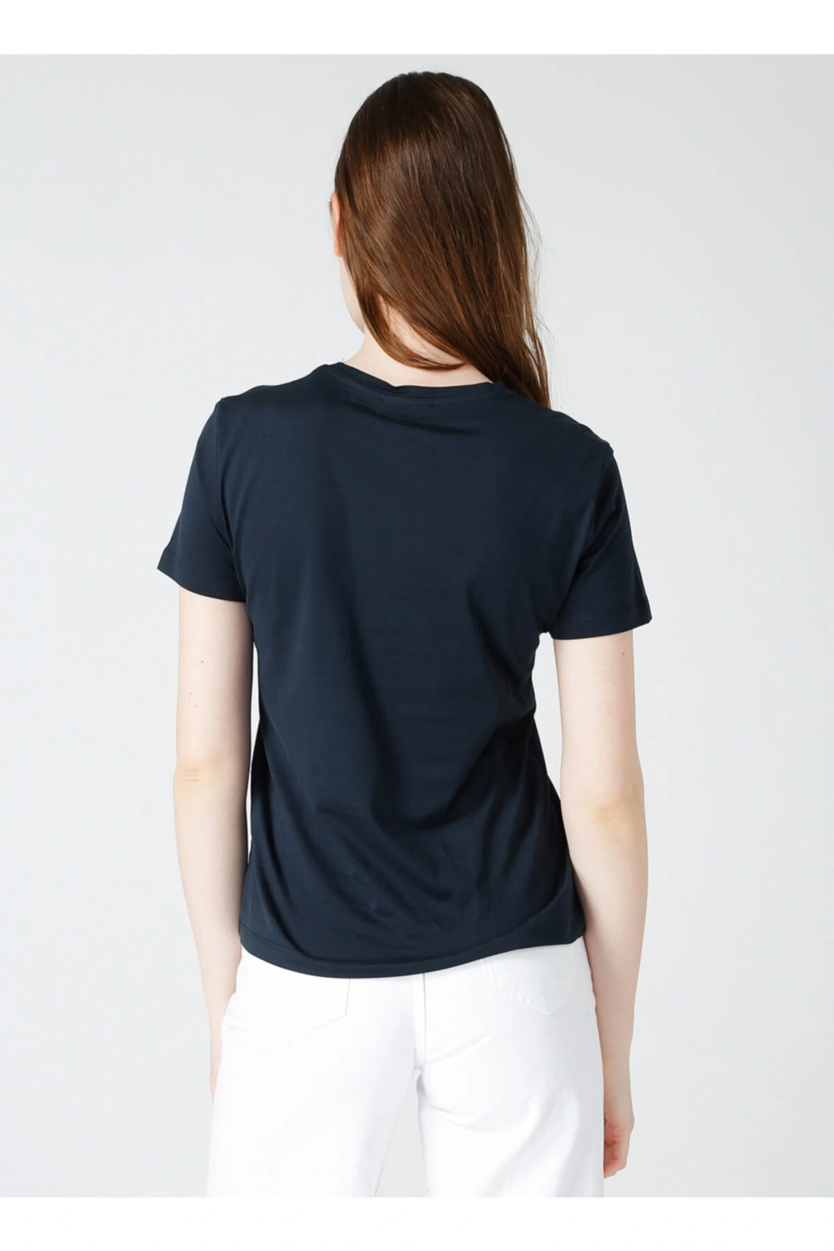 V Yaka Lacivert Kadın T-shirt