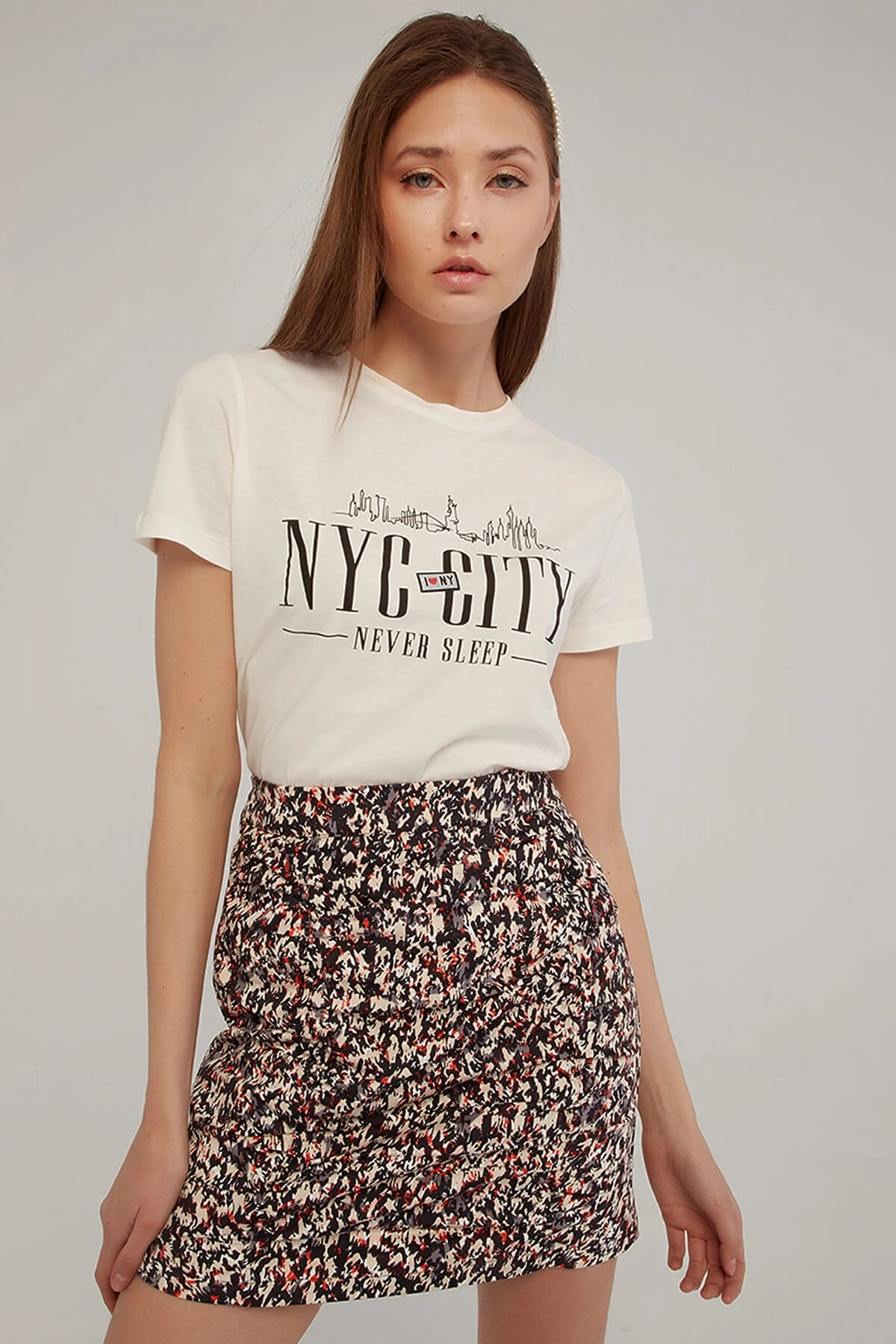 Baskılı T-shirt Ekru