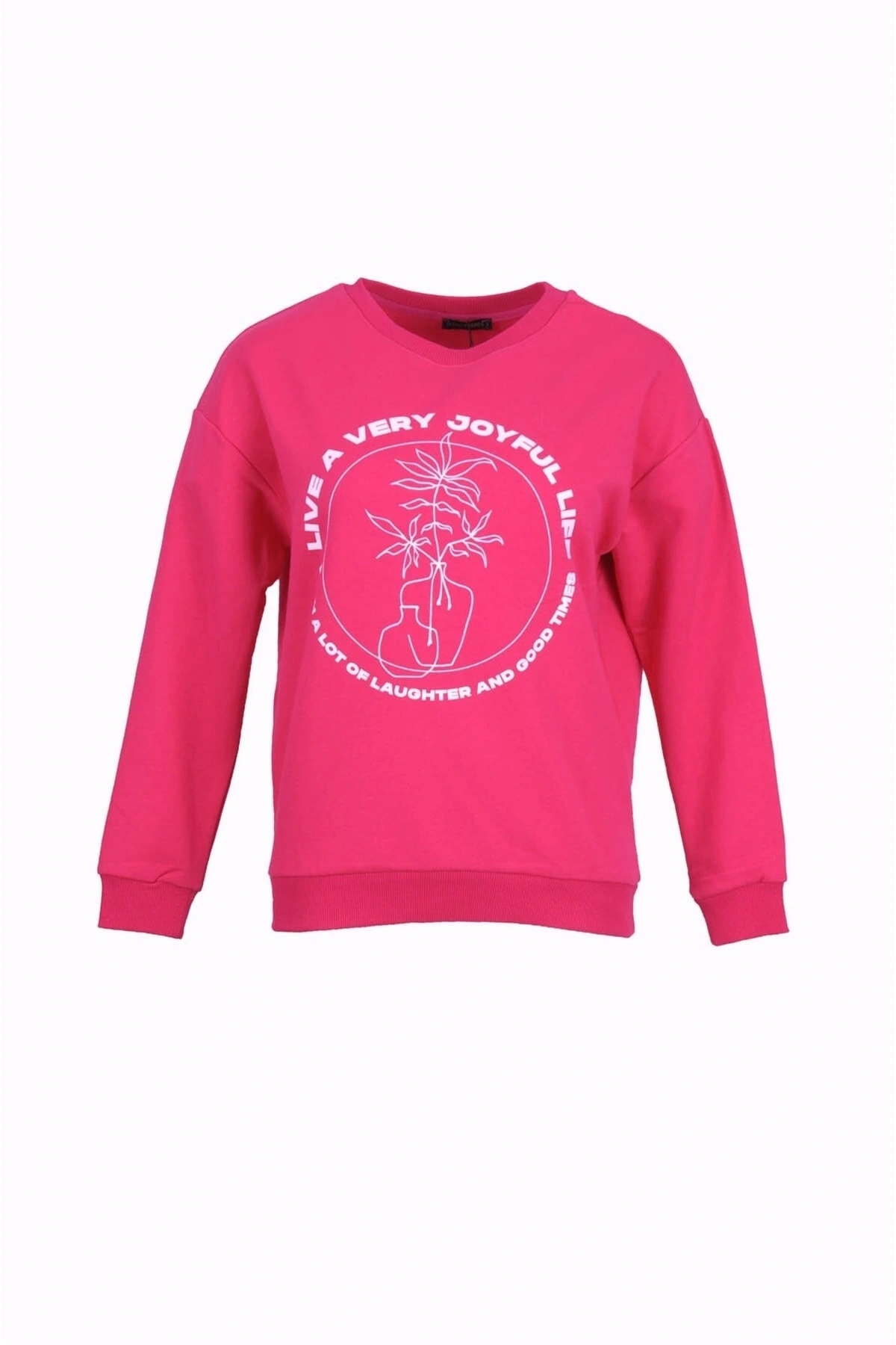 Bisiklet Yaka Baskılı Fuşya Kadın Sweatshırt 22k0572k1