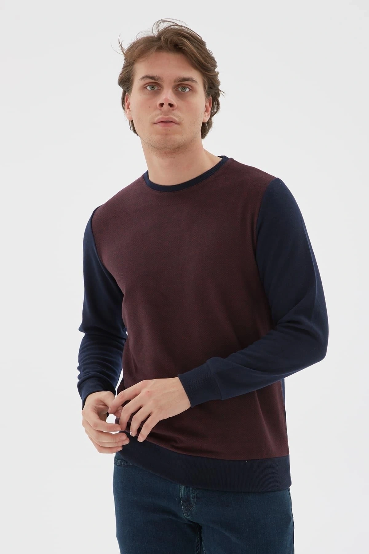 Bisiklet Yaka Desenli Sweatshirt Bordo / Burgundy