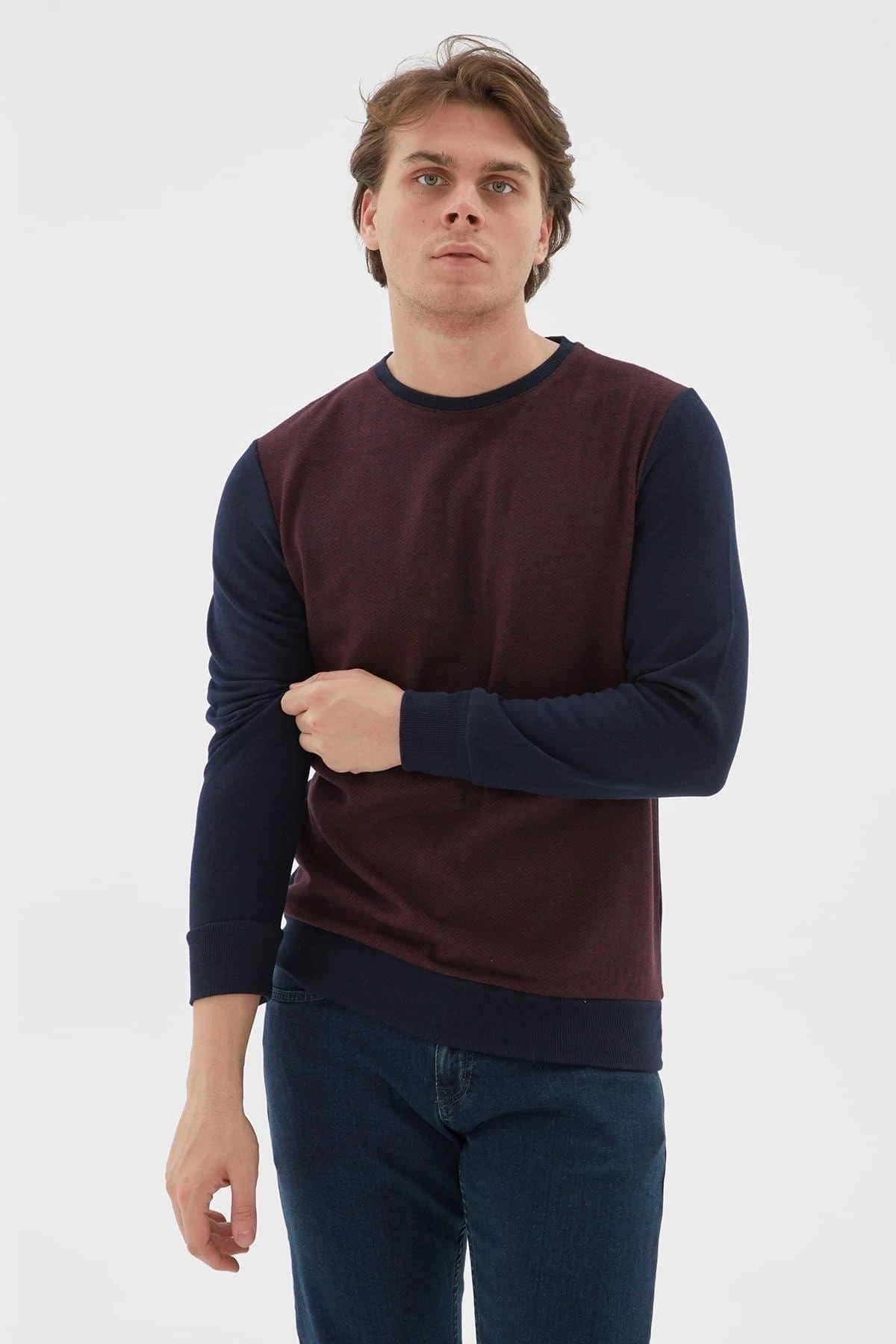 Bisiklet Yaka Desenli Sweatshirt Bordo / Burgundy