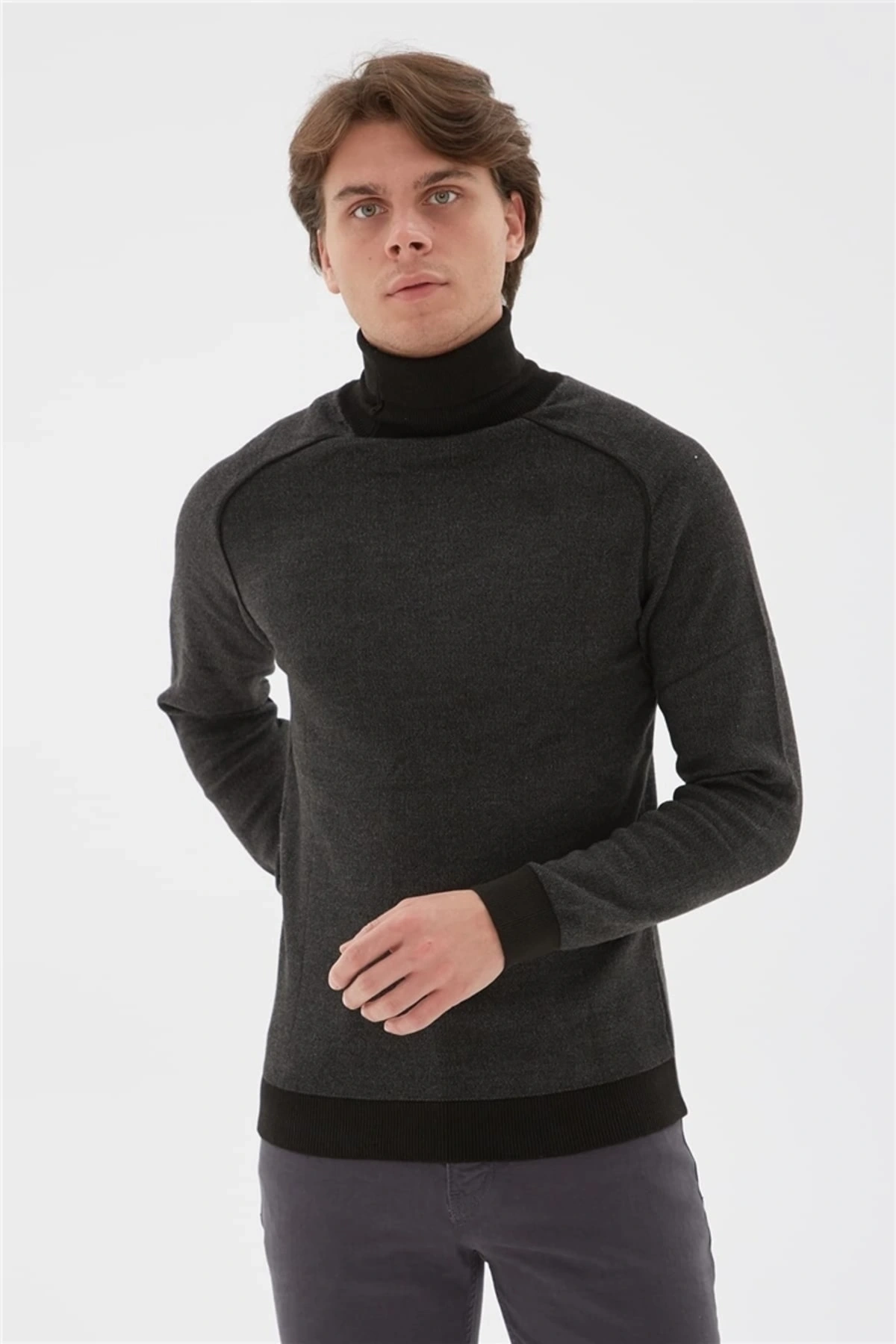 Balıkçı Yaka Kazak Antrasit Melanj