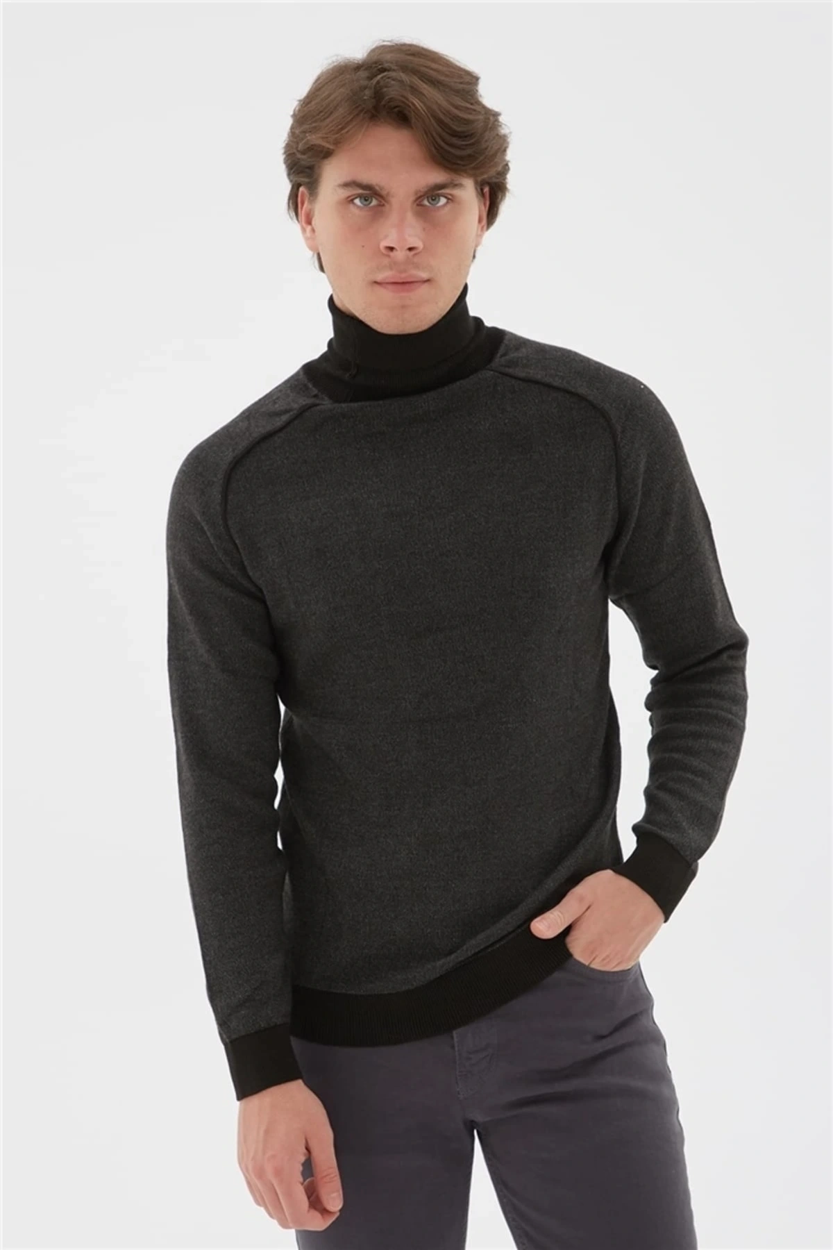 Balıkçı Yaka Kazak Antrasit Melanj