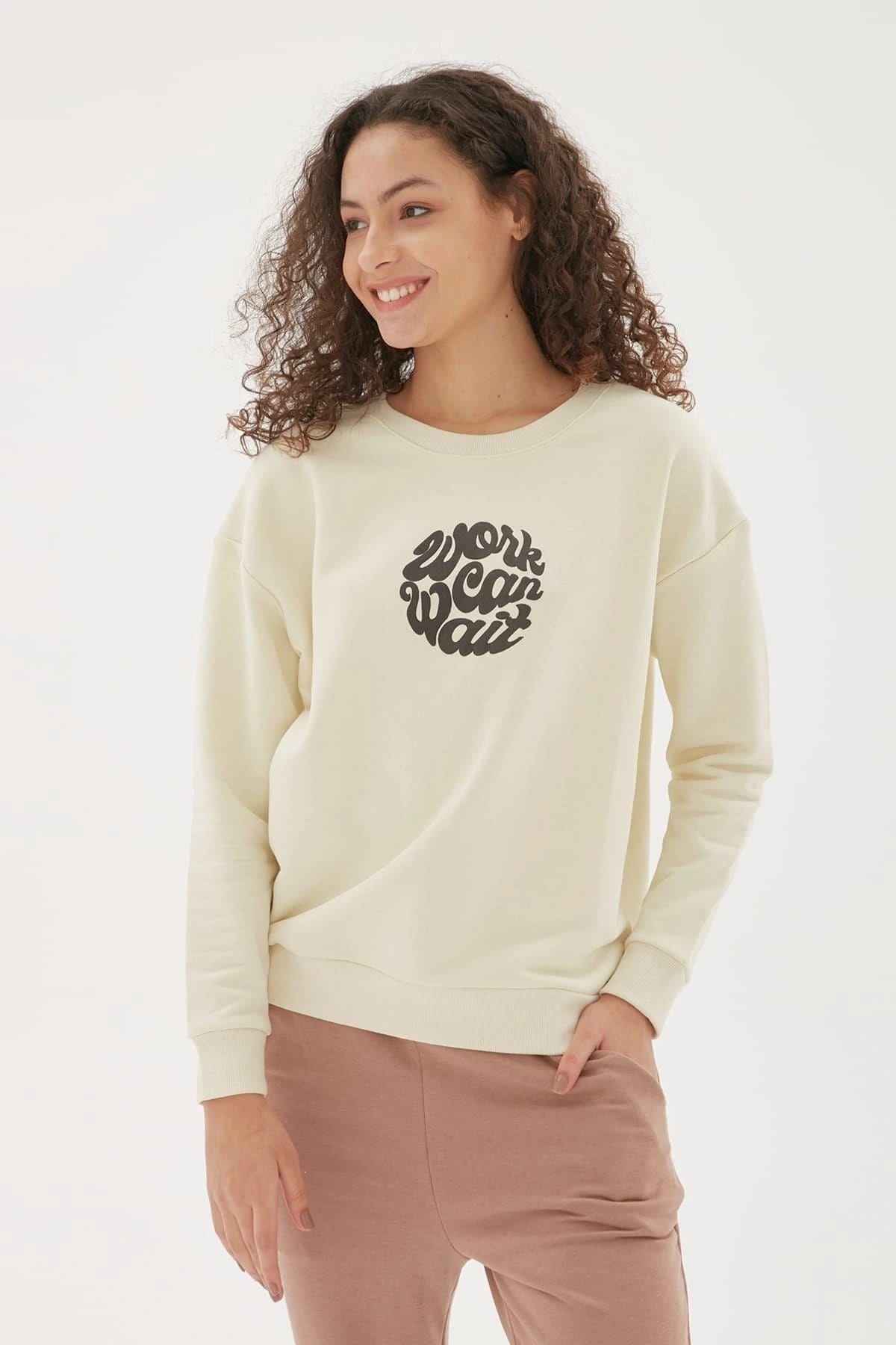 Baskılı Sweatshirt Ekru