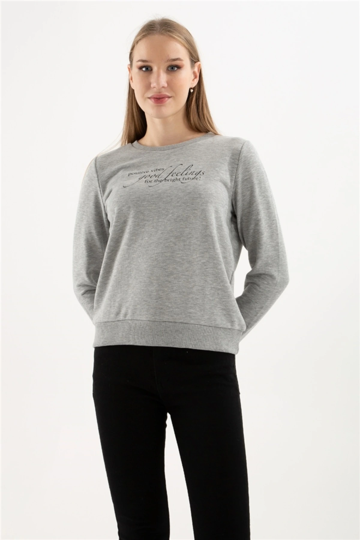 Baskılı Sweatshırt Gri Melanj / Grey Melange