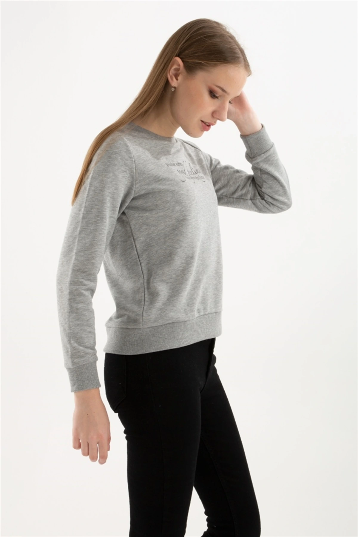 Baskılı Sweatshırt Gri Melanj / Grey Melange