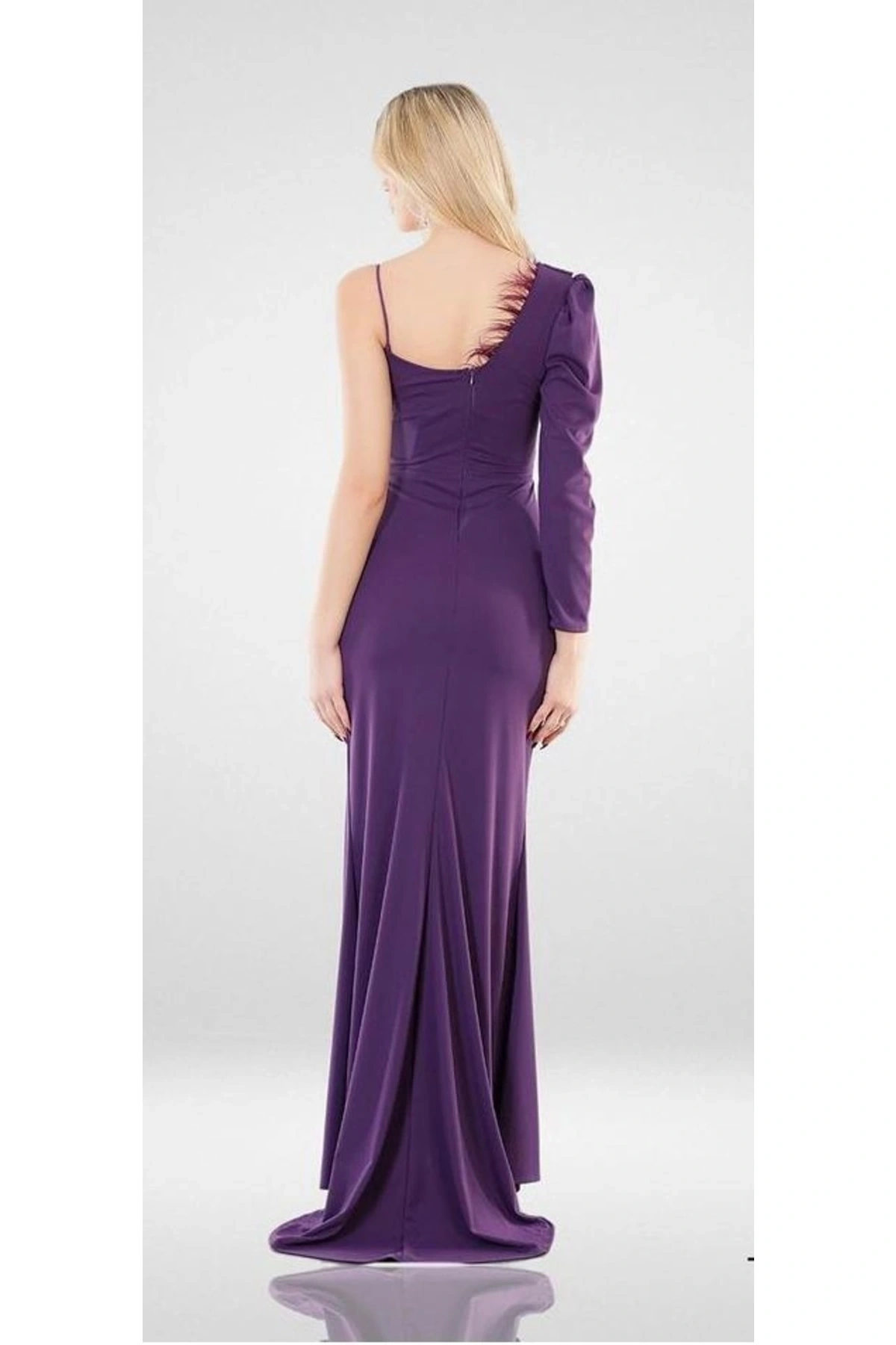 Göğüz Tüy Detaylı Tek Kol Uzun Elbise