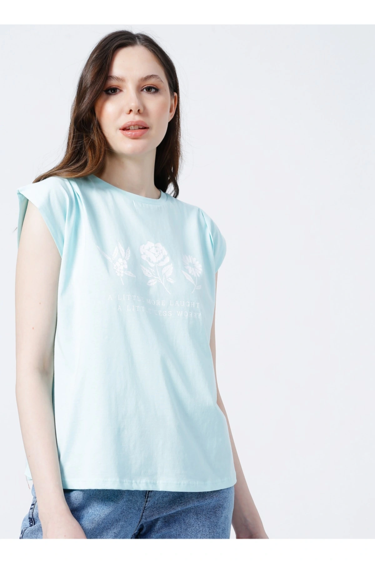 22y0391k1 Bisiklet Yakamini Kol Normal Kalıp Baskılı Mint Kadın T-shirt