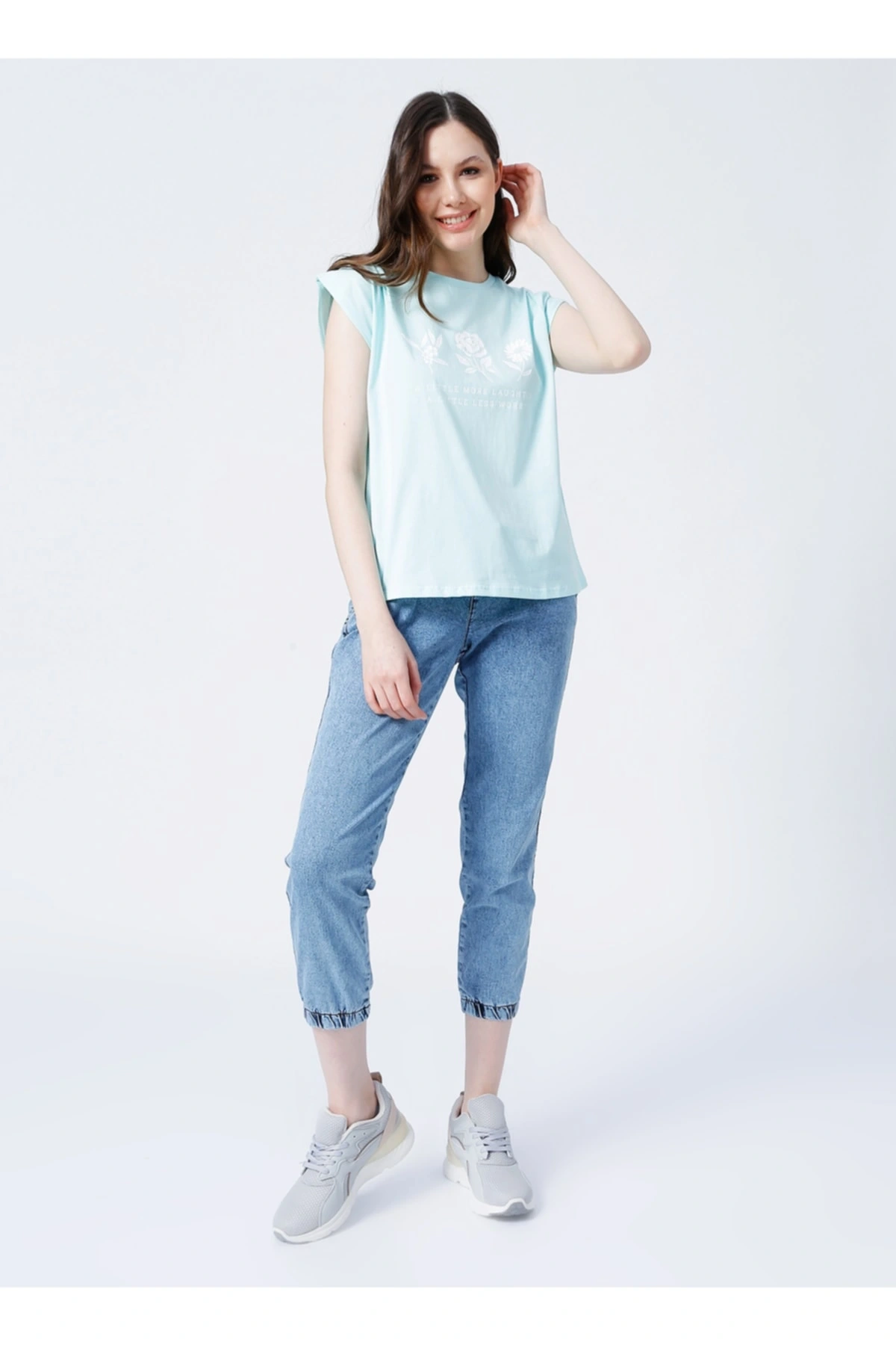 22y0391k1 Bisiklet Yakamini Kol Normal Kalıp Baskılı Mint Kadın T-shirt