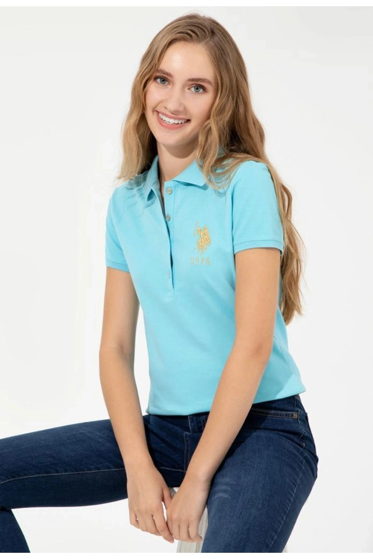 Kadın Turkuaz Polo Yaka T-shırt Basıc