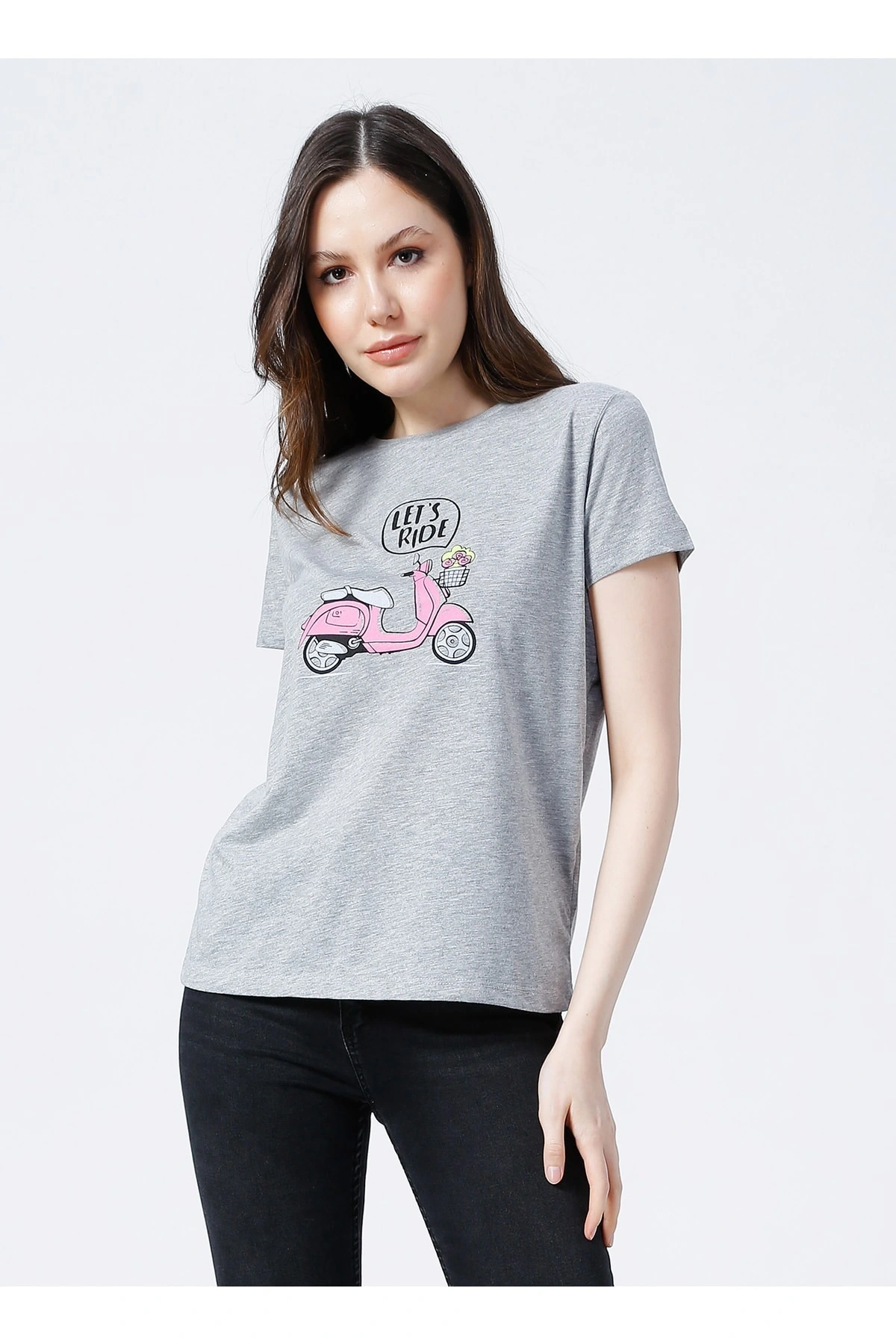 22y0103k1 Bisiklet Yakakısa Kollu Normal Kalıp Baskılı Gri Melanj Kadın T-shirt