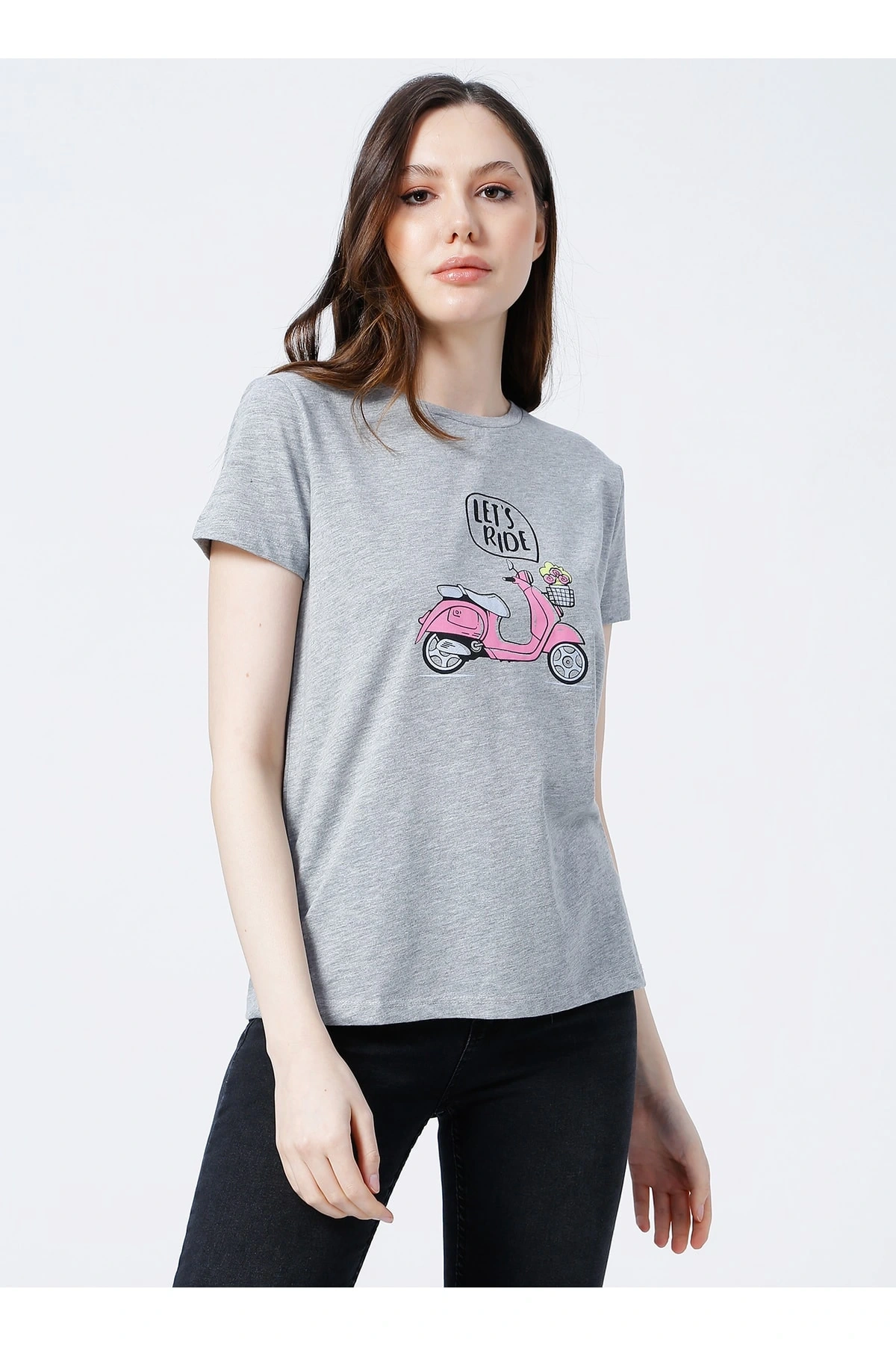 22y0103k1 Bisiklet Yakakısa Kollu Normal Kalıp Baskılı Gri Melanj Kadın T-shirt