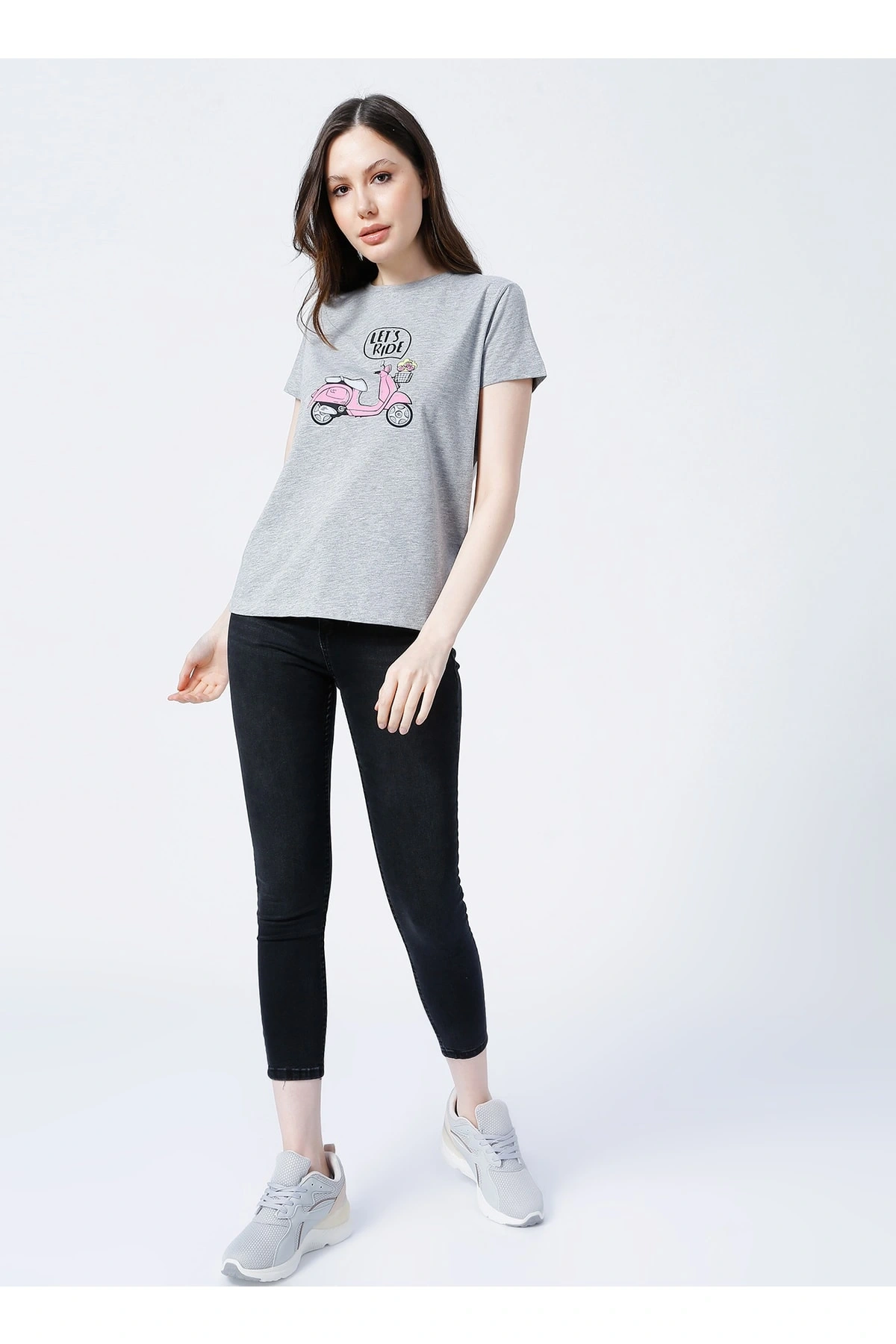 22y0103k1 Bisiklet Yakakısa Kollu Normal Kalıp Baskılı Gri Melanj Kadın T-shirt