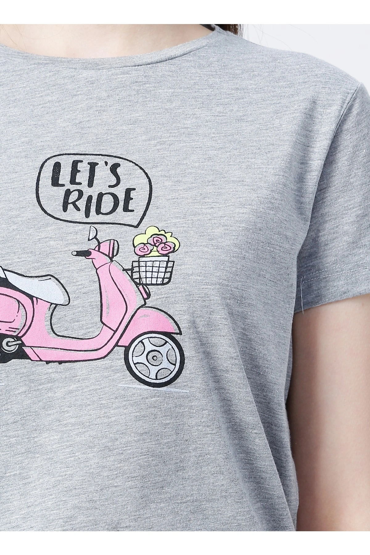 22y0103k1 Bisiklet Yakakısa Kollu Normal Kalıp Baskılı Gri Melanj Kadın T-shirt