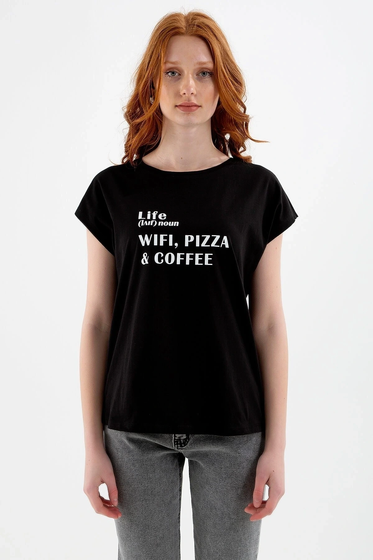 22y0078k1 Bisiklet Yaka Normal Kalıp Baskılı Siyah Kadın T-shirt