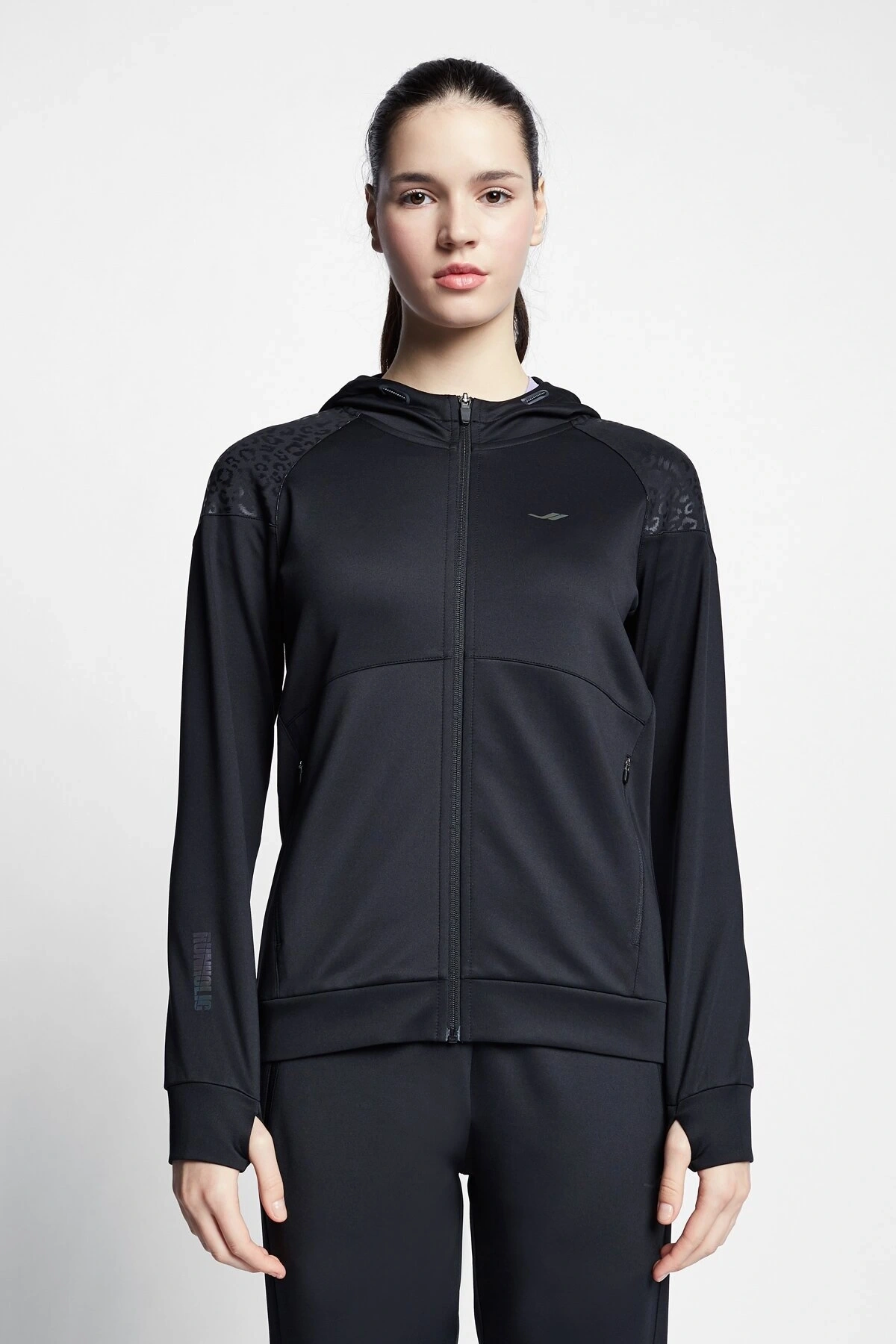 Siyah Kadın Koşu Fermuarlı Kapüşonlu Sweatshirt 22b-2001