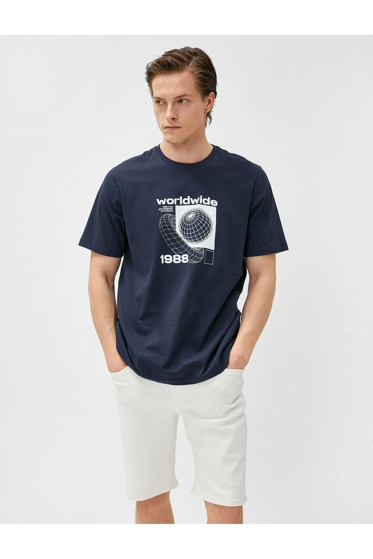 Slogan Baskılı Tişört Bisiklet Yaka Kısa Kollu Pamuklu