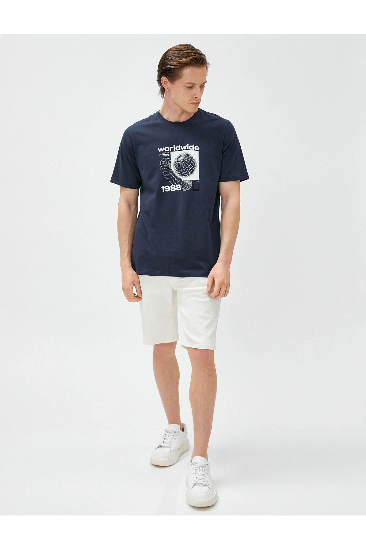 Slogan Baskılı Tişört Bisiklet Yaka Kısa Kollu Pamuklu