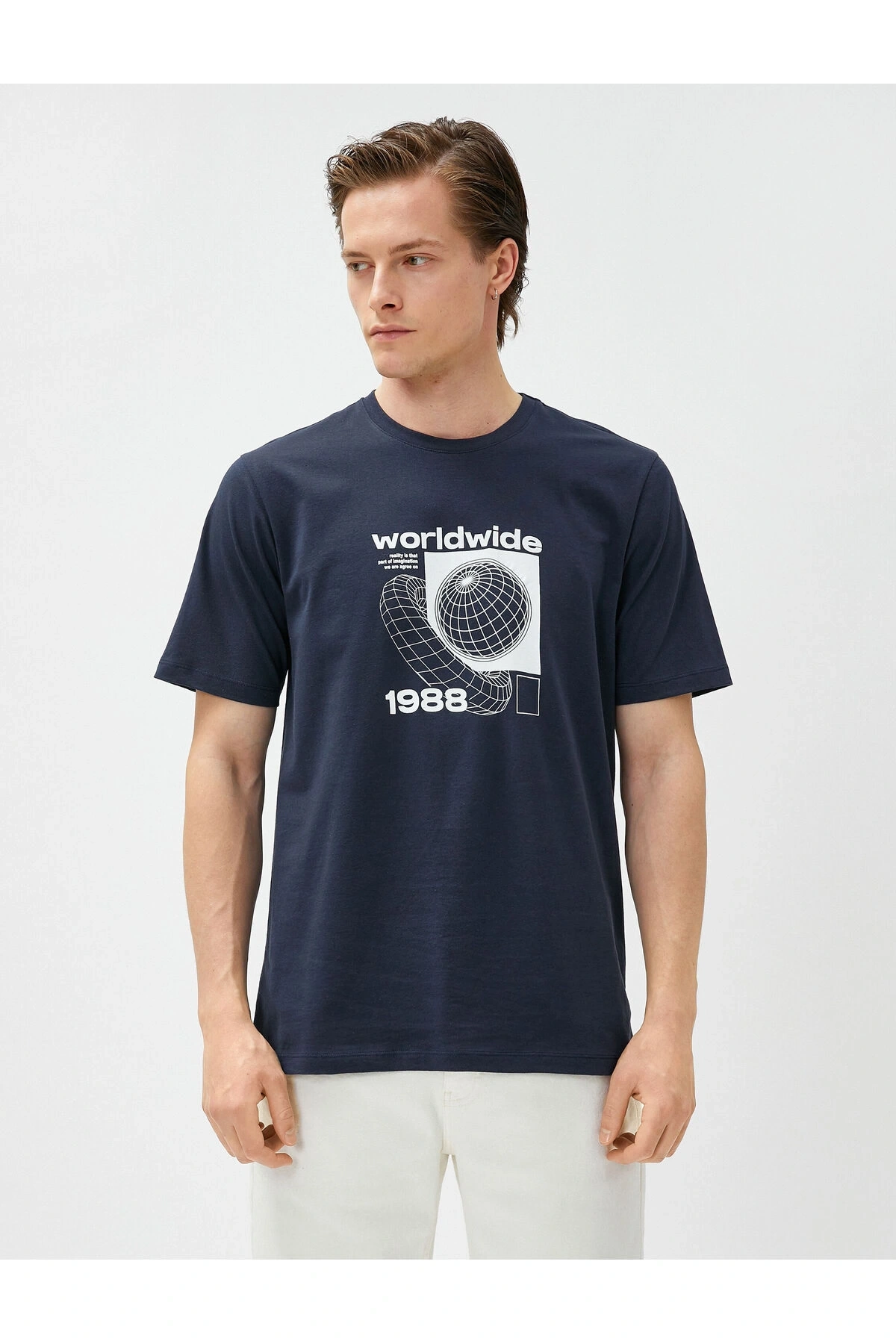 Slogan Baskılı Tişört Bisiklet Yaka Kısa Kollu Pamuklu