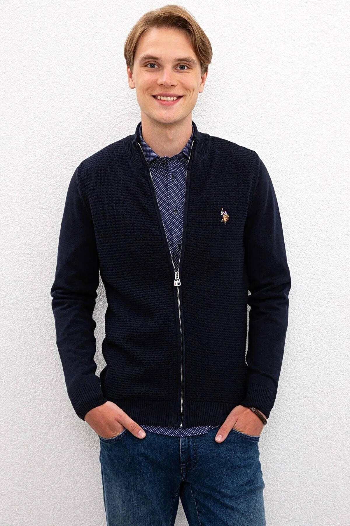 U.S. Polo Assn. U.S. POLO ASSN. ERKEK DOKUMA SLİM FİT LACİVERT HIRKA