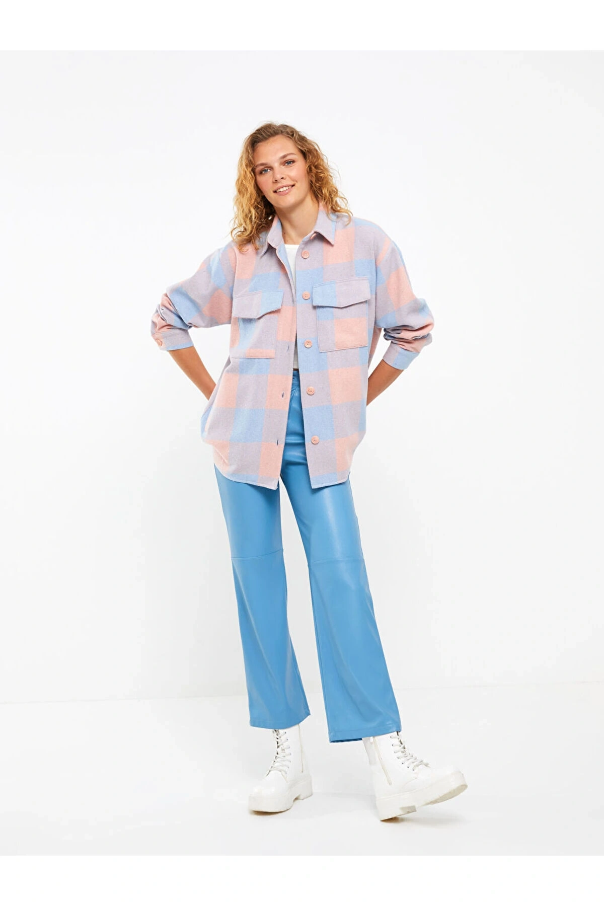 Ekose Uzun Kollu Oversize Kadın Oduncu Gömlek Ceket