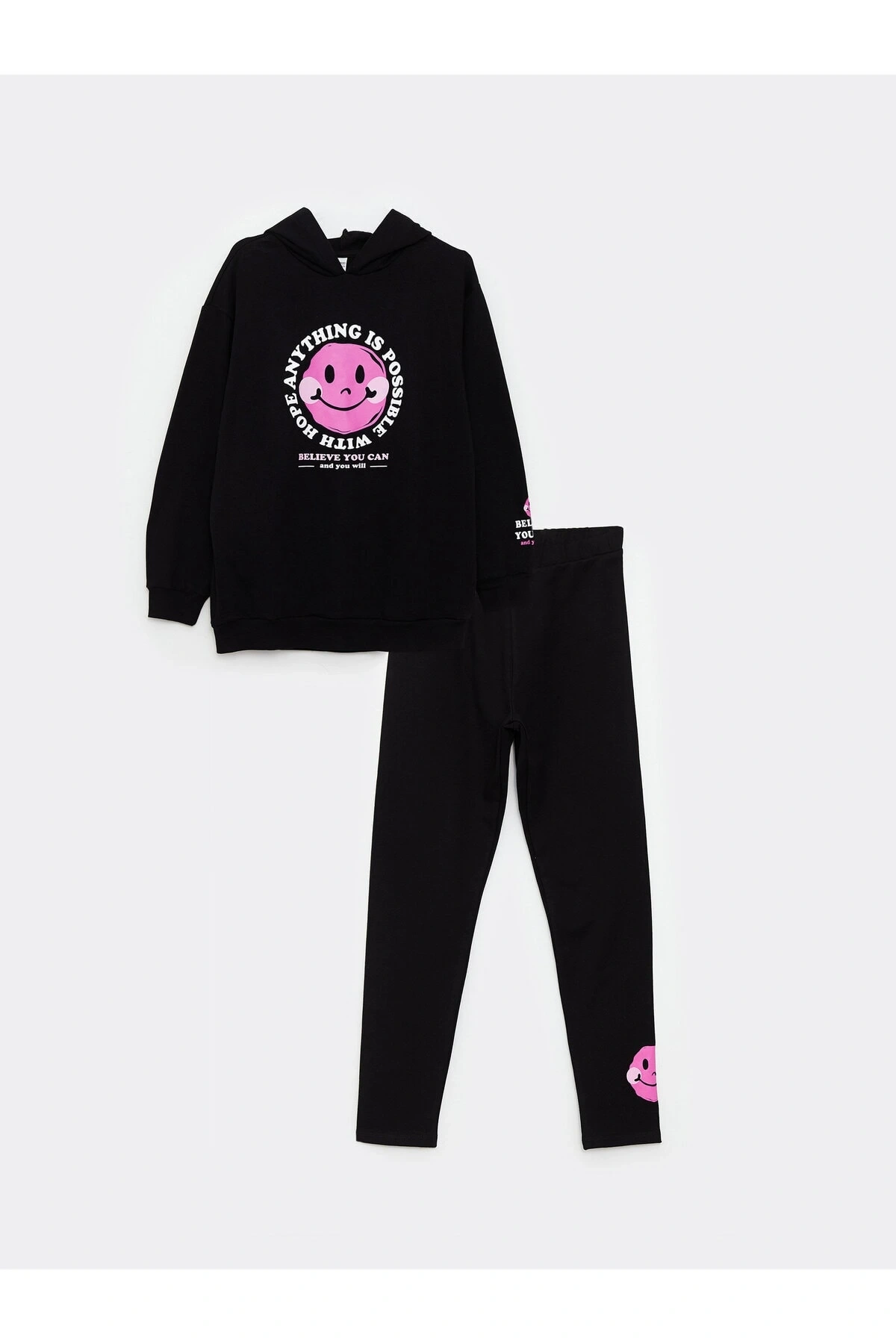 Kapüşonlu Baskılı Uzun Kollu Kız Çocuk Sweatshirt ve Tayt