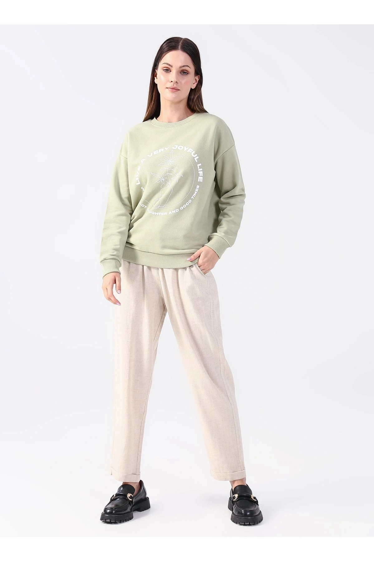 Bisiklet Yaka Baskılı Çağla Kadın Sweatshırt 22k0572k1