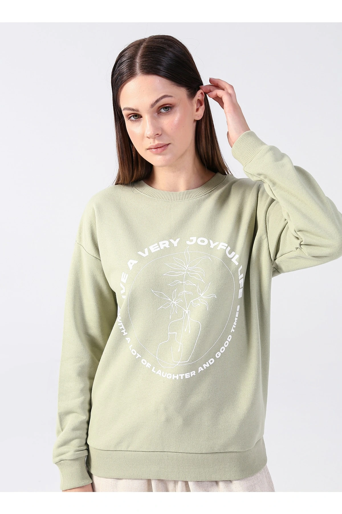 Bisiklet Yaka Baskılı Çağla Kadın Sweatshırt 22k0572k1