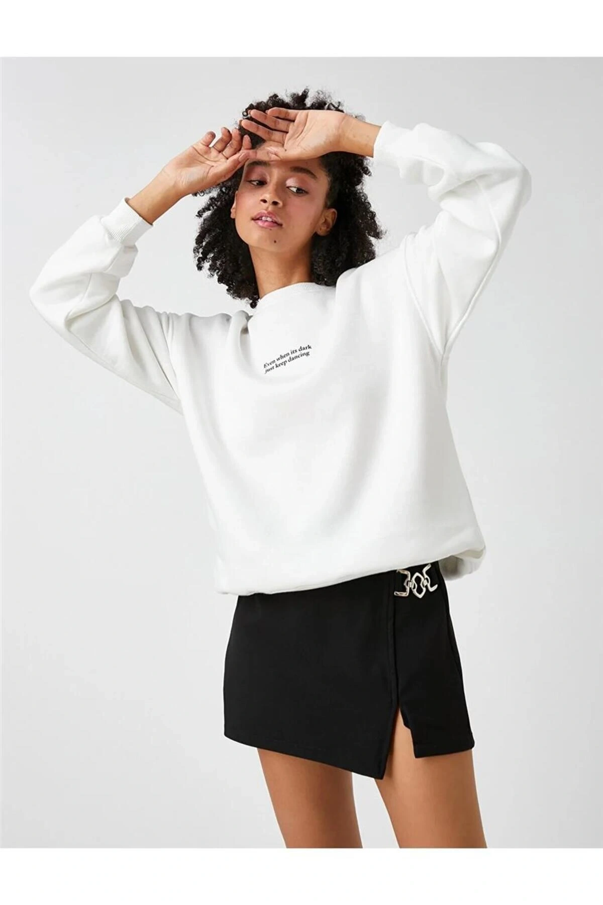 Slogan Baskılı Sweatshirt Bisiklet Yaka Uzun Kollu Içi Polarlı