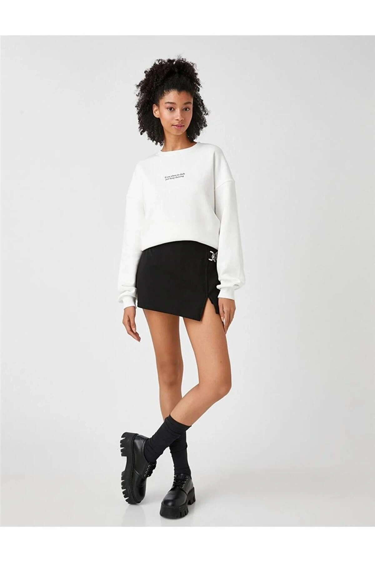 Slogan Baskılı Sweatshirt Bisiklet Yaka Uzun Kollu Içi Polarlı